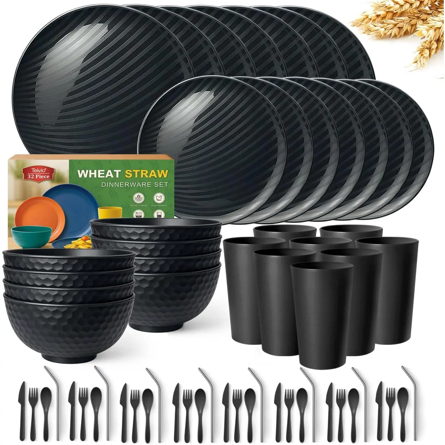 8-Service 32-Piece Wheat Straw Plastic Tableware Set with Flatware/Cutlery, Dinner Plates, Dessert Plates, Cereal Bowls, Cups, Unbreakable Outdoor Camping Picnic Dishes, Gray Ombre