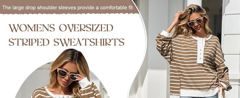 Imily Bela Womens Oversized Striped Sweatshirts Henley Shirts Color Block Casual Pullover Waffle Knit Tops