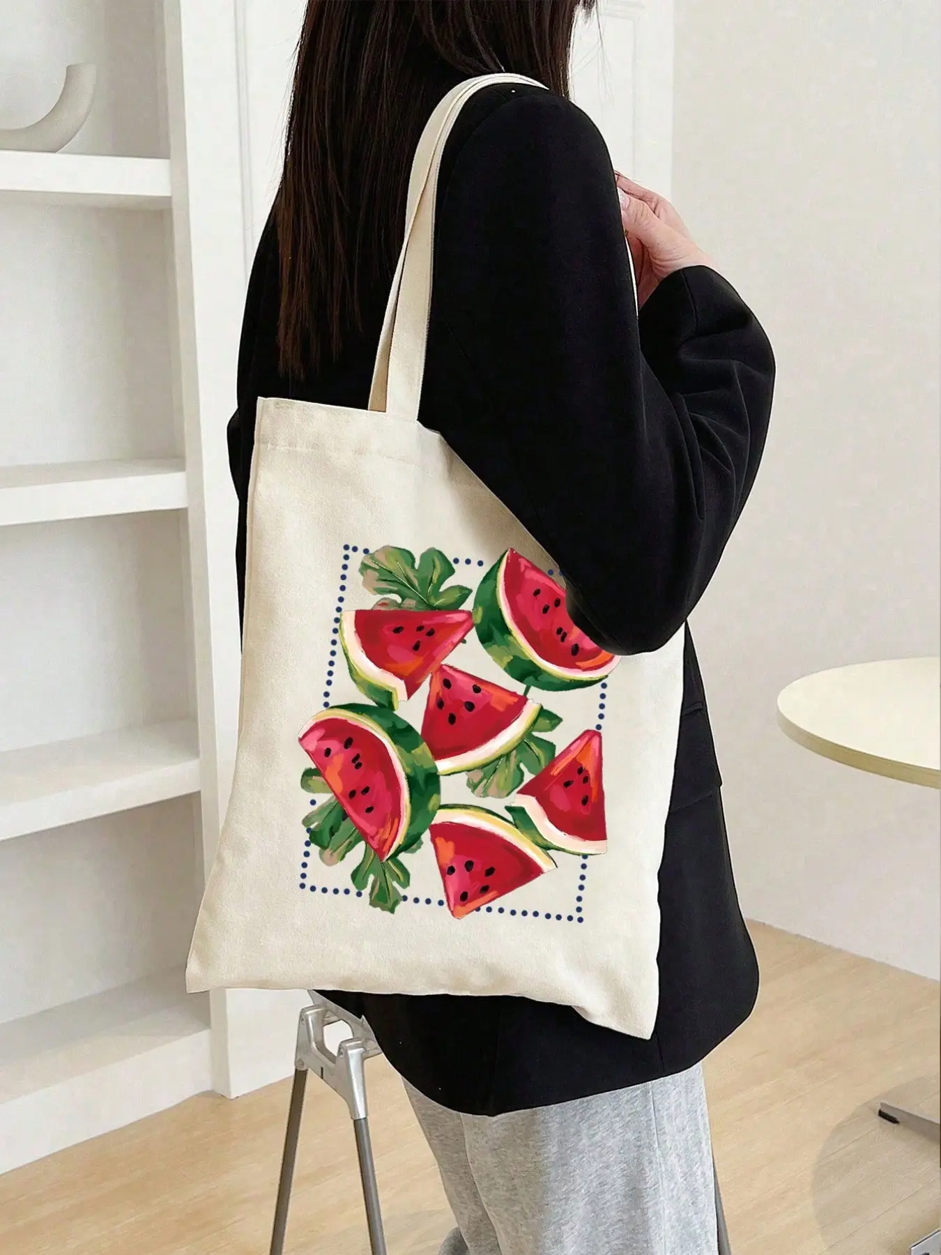 Watermelon Print Polyester Tote Bag, Casual Style, Lightweight, Open Design, Large Capacity, Ideal for Shopping, Commuting, Daily Use