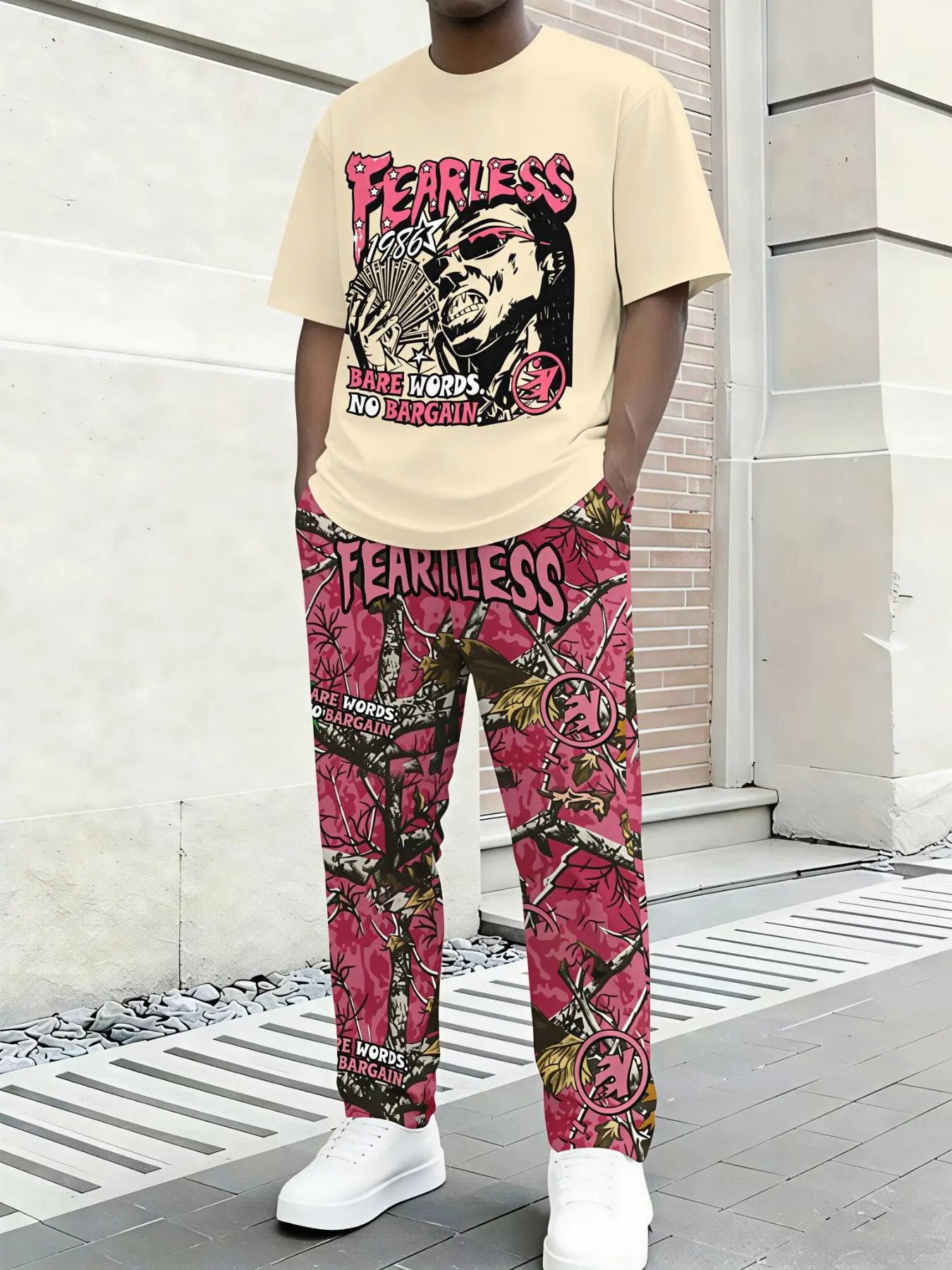 Gangsta Street Style Men Two Piece Outfit, Stretch Quick-dry Comfort Fabric, Fearless Portrait Pink Tree Camo All Over Print Tee Trouser Set, Adult Men For Daily Commute Outdoor Gathering, Viral Popular Bold Mens Casual Outfit