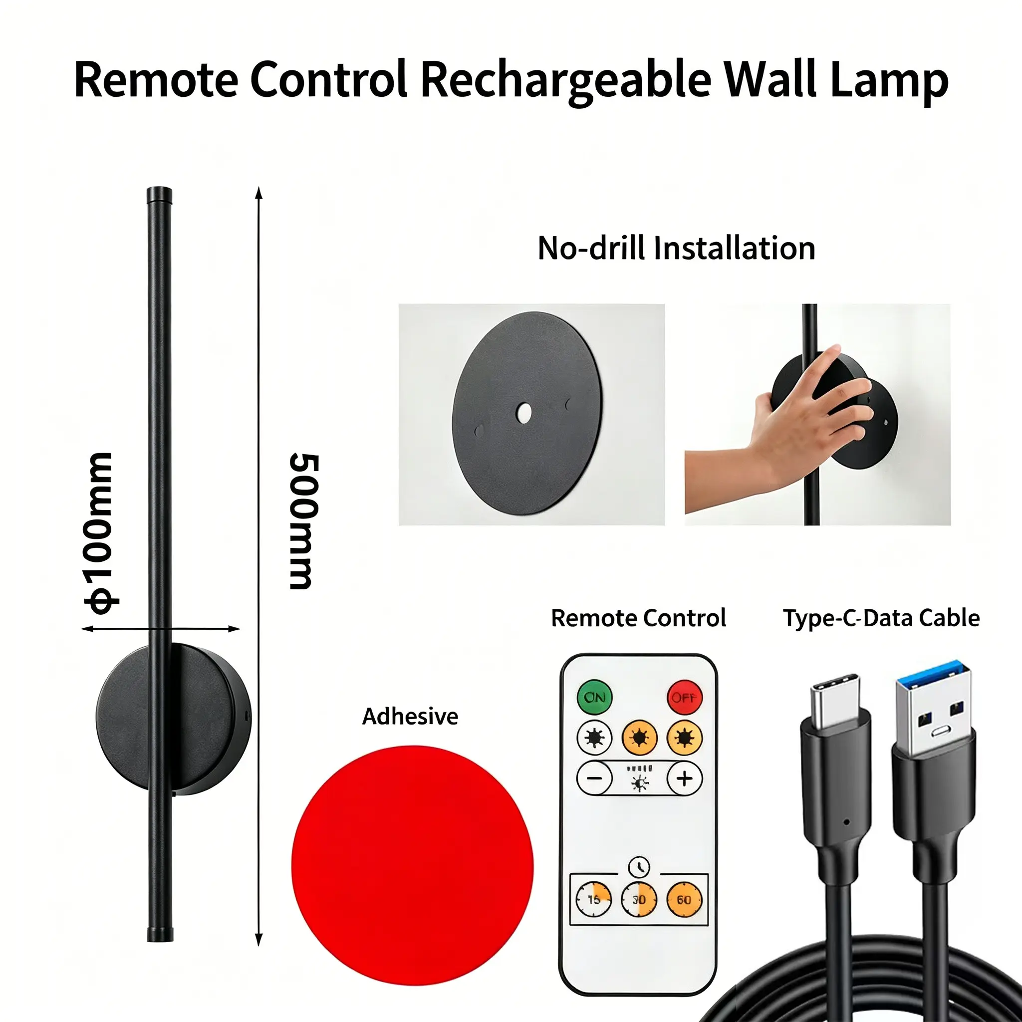 Wireless USB Charging Wall Light, LED Strip Lamp, No Drilling, Adhesive Back, Adjustable Color, Brightness Dimmable, Timer, Remote Control, Bedroom Nightlight, Indoor Wall Light