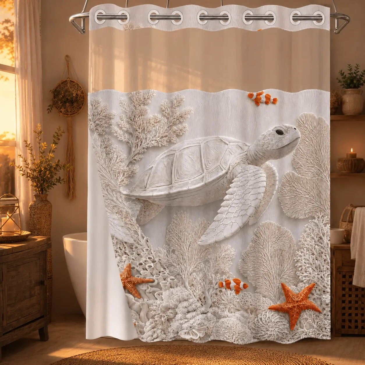 1Pc Hookless Double Layer Shower Curtain Set, Shower Curtain No Hooks, 3D White Sea Turtle Coral & Starfish Print, Snap-In Waterproof Mildew-Resistant Liner, Fabric Curtain with Sheer Window, 71×74 Inch, Machine Washable for Home & Hotel Bathrooms