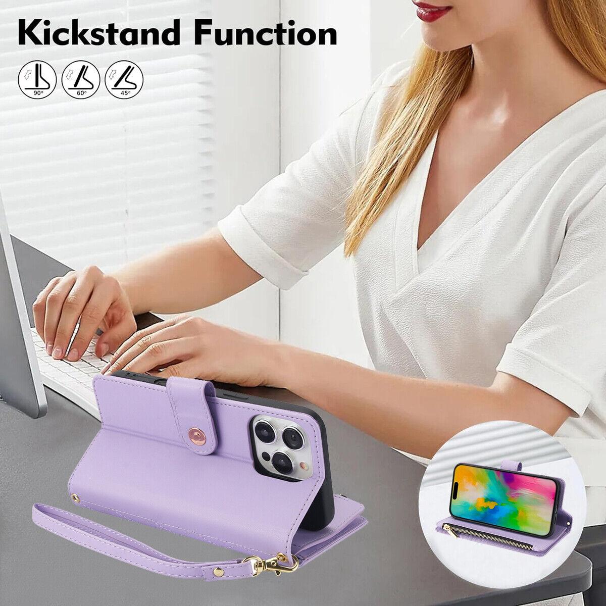 HISTORYOO For iPhone 17 Pro Max 16 15 Plus 14 13 12 Pro Wallet Case Crossbody PU Leather Cash Slot Zipper Purse with Credit Card Slot Holder Carrying Handbag Stand Phone CaseAdjustable Lanyard Detachable Strap Wrist for Women Ladies