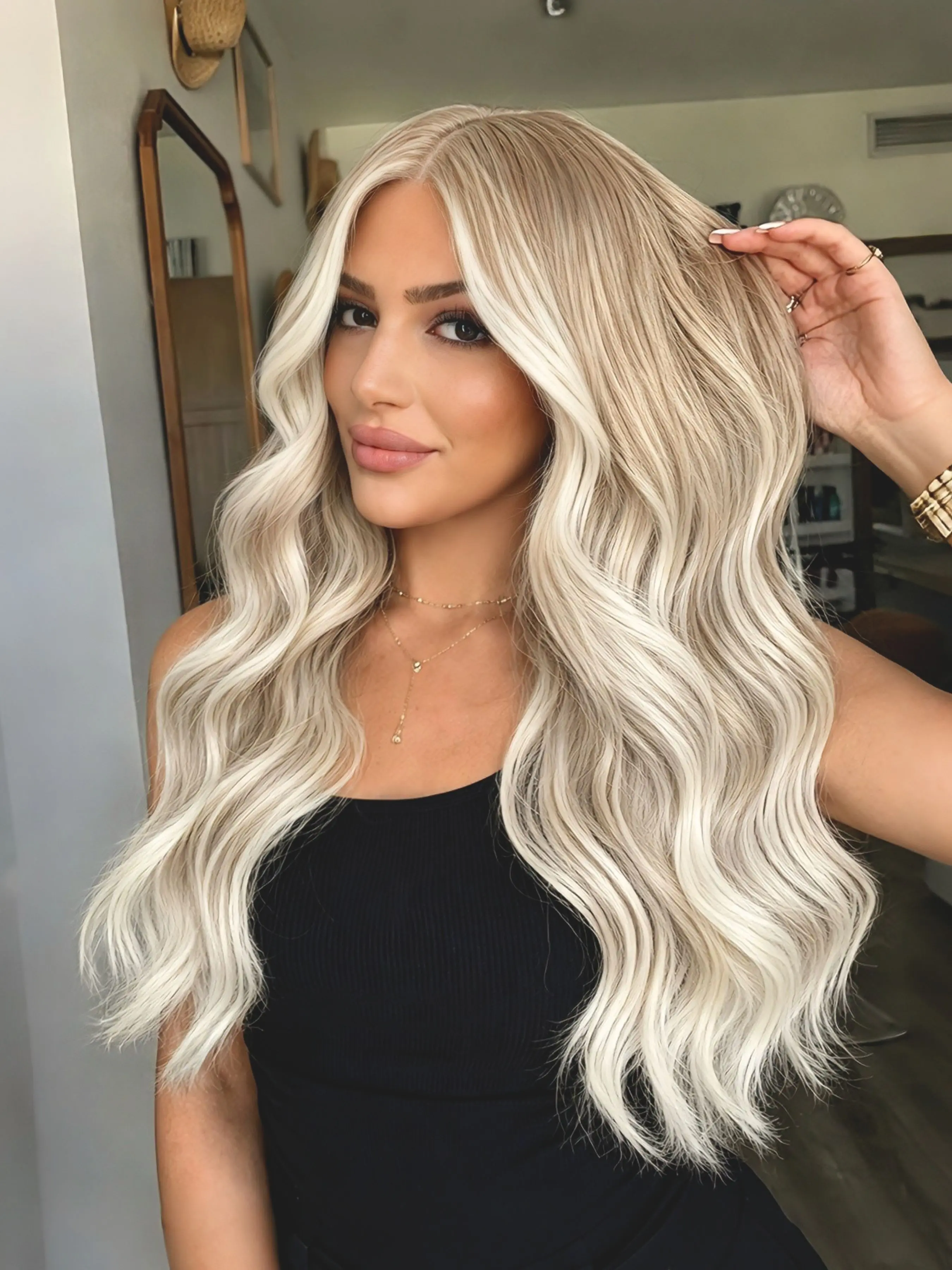 Mushroom Blonde with Creamy Platinum Money Piece Balayage Lace Front Wig 28 Inch Body Wave Heat-Resistant Synthetic Hair 13x4 Free Part HD Transparent Lace Pre-Plucked Natural Hairline Glueless for Women Everyday Glam & Party Wear Synthetic Wavy Wig