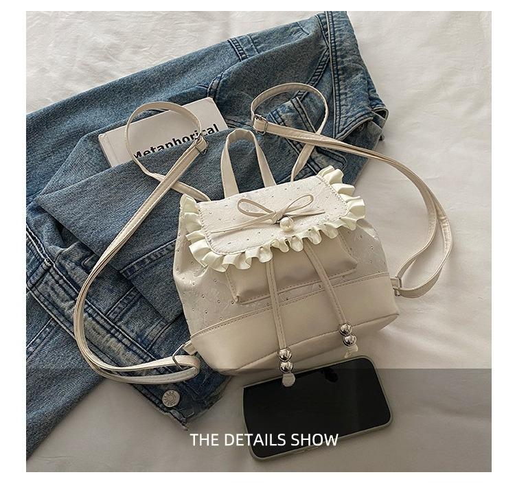 Polka Dot Lace Bow Mini Backpack for Women, Cute Coquette Y2K Bucket Bag, Lightweight Small Backpack with Adjustable Straps, Aesthetic School Travel Daily Outfit Bag for Girls & Teens