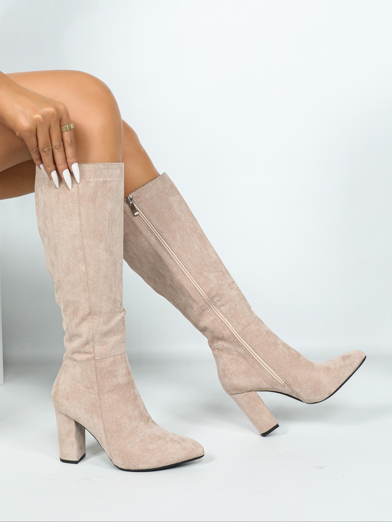 Women's Fall Fashion Pointed Toe High Heel Boots, Elegant Side Zipper Knee-High Shoes, Comfortable Autumn Winter Footwear, Pointed Toes Boots