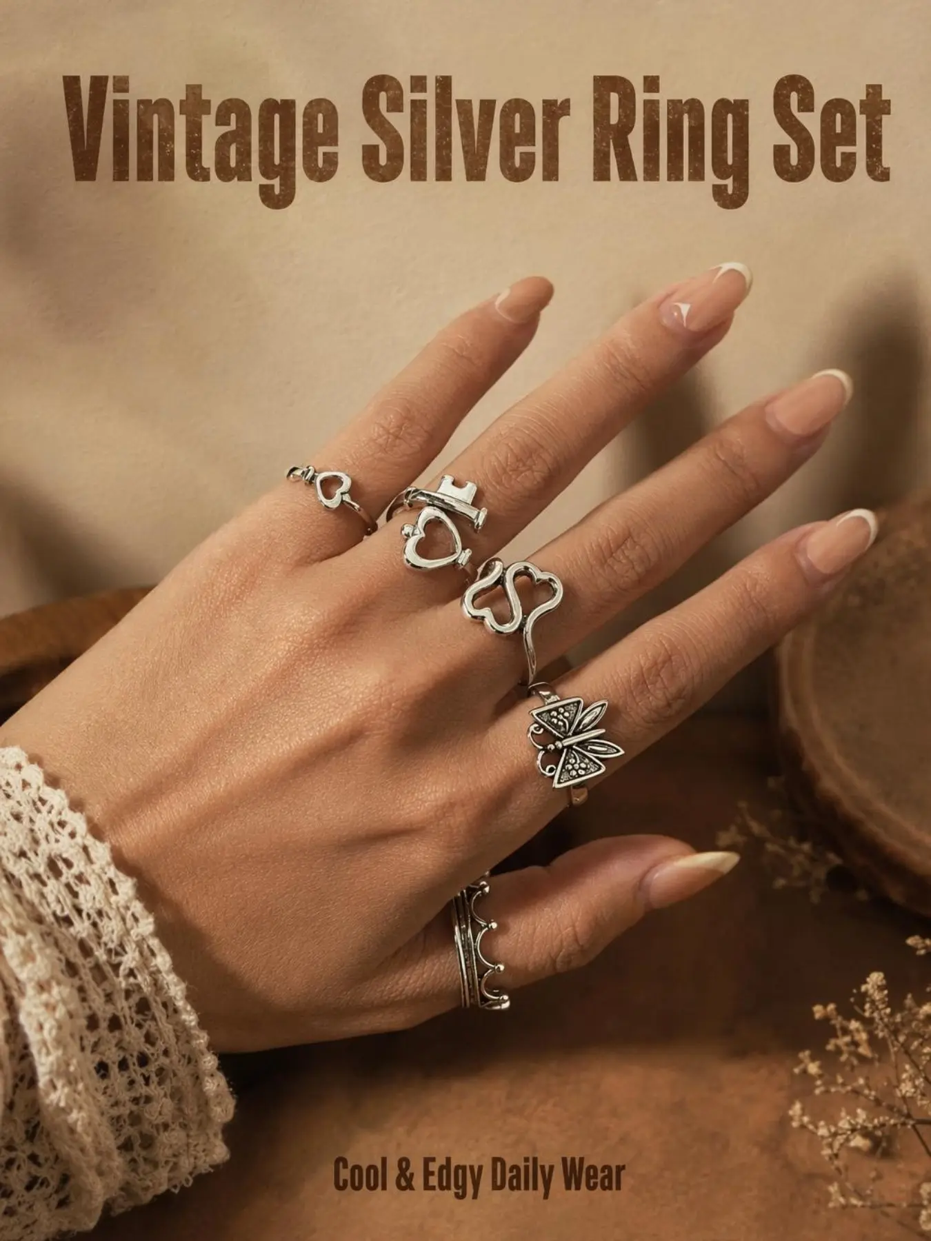 Vintage Silver Color Hollow Heart Crown Leaf Stackable Ring Set, Y2K Cool Punk Knuckle Rings, Unique Jewelry for Stylish
