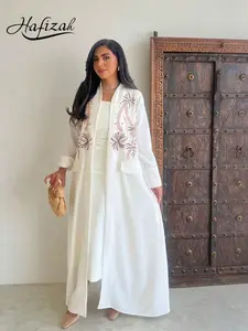 Women's Long Cardigan with Lapel Fake Pockets, Palm Tree Beaded Embroidery, Flowy Commuter Outerwear, Loose-Fit All-Season Jacket