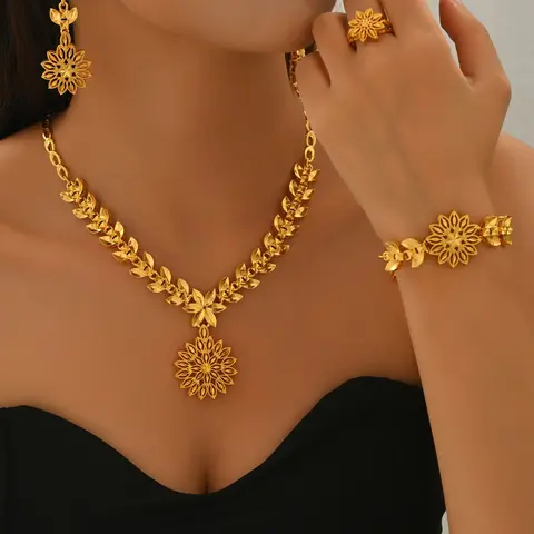 Women's Jewelry Set, Necklace, Earrings, Bracelet & Ring, Flower Design, Elegant Party Wear Accessories for Daily Use, Gift Ideas, Women's Fashion Jewelry Set, Trendy Jewelry Set, Jewellery Gift Set
