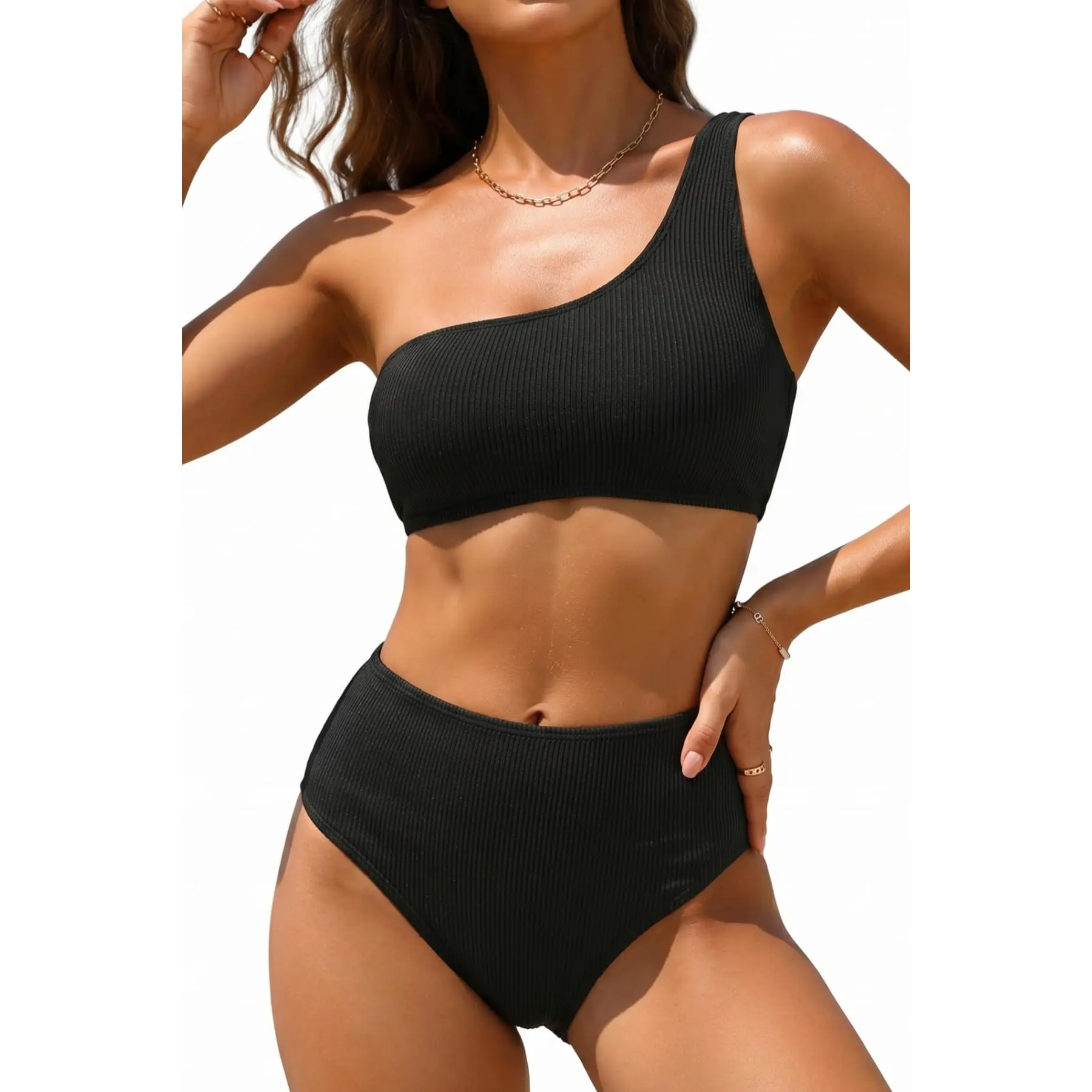 Tempt Me Women Two Piece Swimsuits Ribbed One Shoulder Bikini Sets Mid Waist Bathing Suit