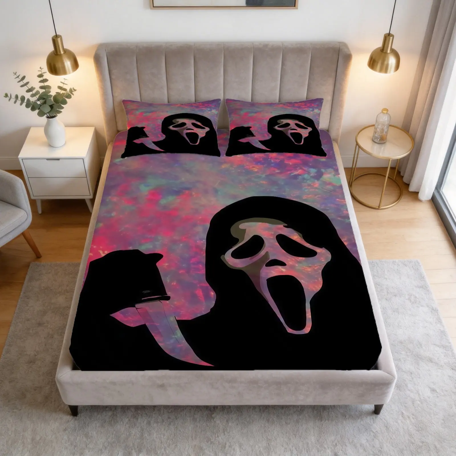 3-Piece Set Of Screaming Ghost Pattern Bed Sheet, Including 1 Bed Sheet And 2 Pillowcases (Excluding Pillow Core), Comfortable Bedding, Non Slip Suitable For Bedrooms, Suitable For Children And Teenagers As Gifts And Decorations