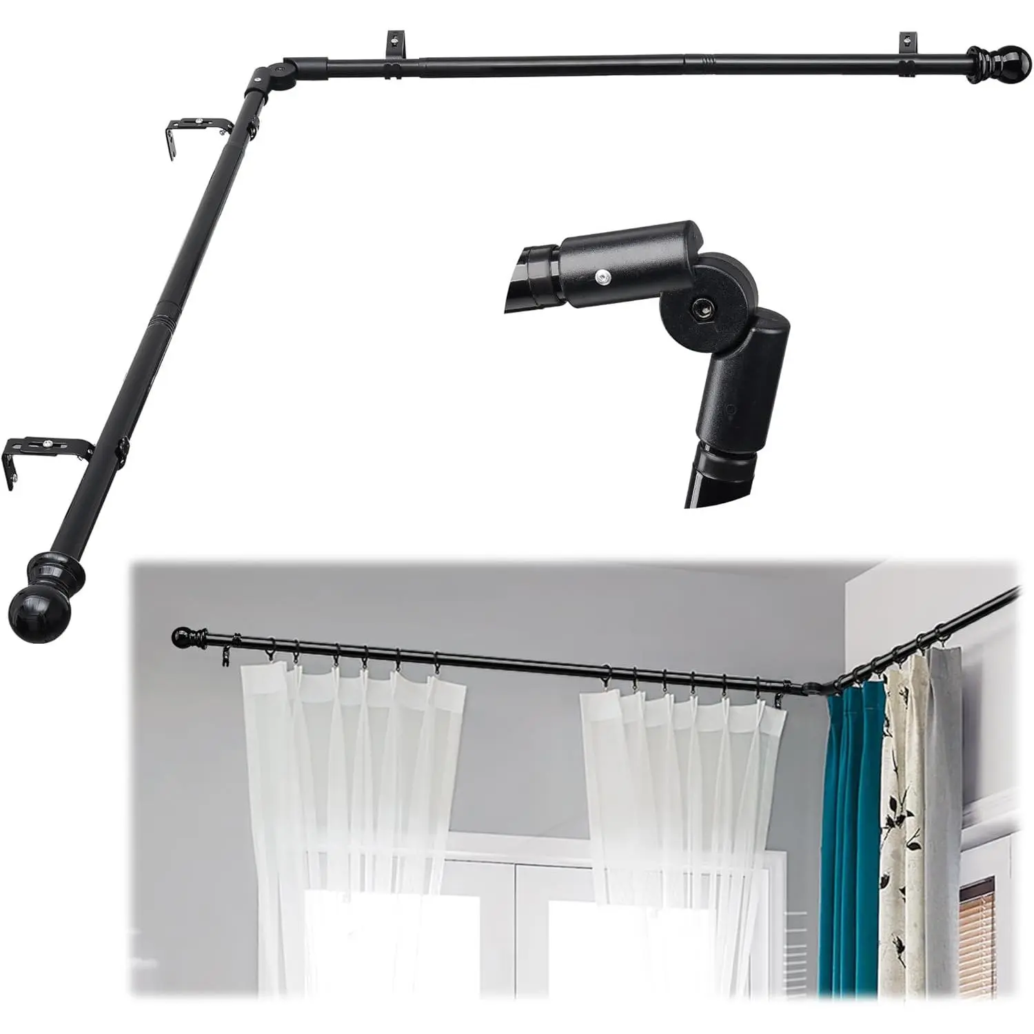Corner Curtain Rod for Windows 30 to 136 Inches, L-shaped Curved Heavy Duty Corner Window Curtain Rods, Adjustable Renter Friendly 1 Inch Black Drapery Rods for Bedroom Living Room