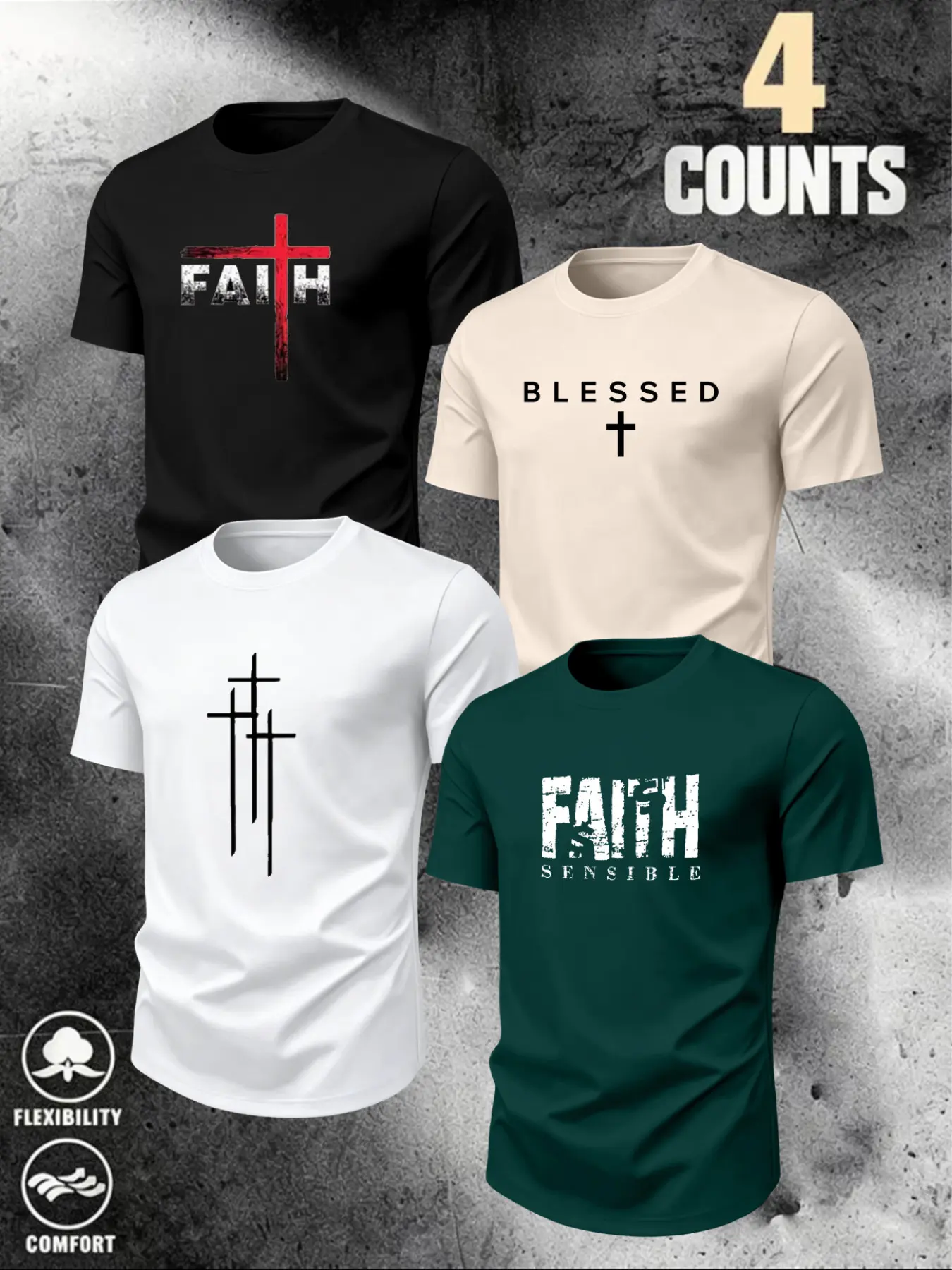4-Pack Men's Faith Cross Blessed Print T-Shirts, Vintage Classic Style Round Neck Loose Fit Short Sleeve Tees, Breathable Casual Wear Set