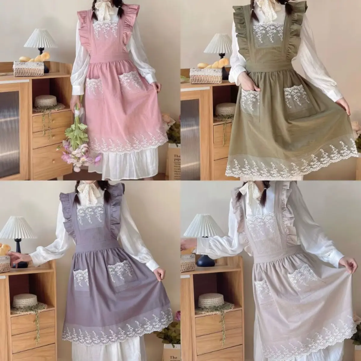 Women Dress Apron – Rustic Style Lace-Trimmed Pinafore, Oil-Resistant & Dustproof Sleeveless Kitchen & Garden Apron, Viral Cottagecore Aesthetic Hostess Outfit, Chic Baking & Cooking Work Dress, Gift for Ladies & Girls