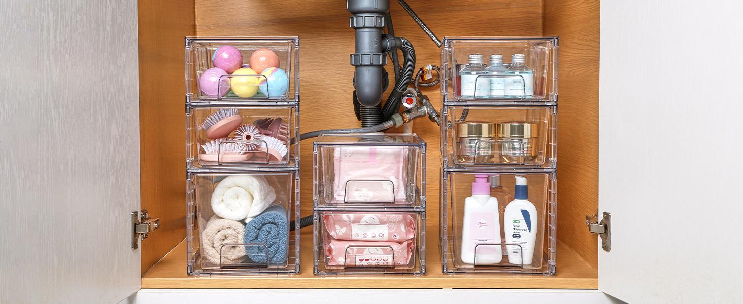 SUNDAY MIRTH 4 Pack Stackable Storage Drawers,Clear Acrylic Drawer Organizers with Handles, Easily Assembled For Fridge, Bathroom, Kitchen Undersink, Cabinet, Pantry Organization and Storage