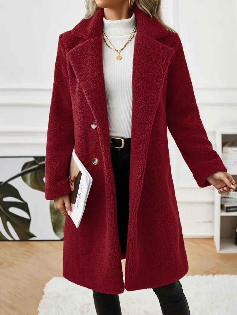 Product Introduction of Women's Solid Button Front Lapel Neck Fuzzy Coat, Casual Warm Long Sleeve Coat for Fall & Winter, Women's Clothing for Daily Wear 9