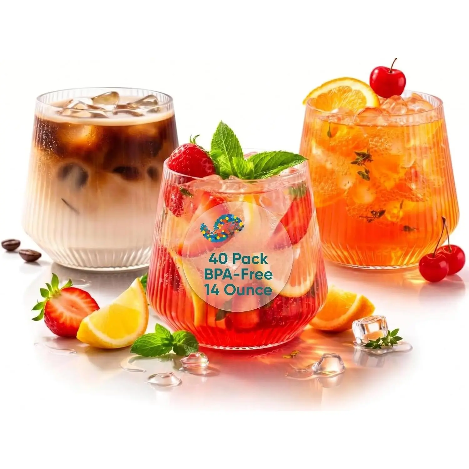 40 Pack Disposable Plastic  Glasses 14 oz - Ribbed Stemless | Unbreakable Shatterproof    Champagne  Cups,  Recyclable for Party, Wedding, Clear
