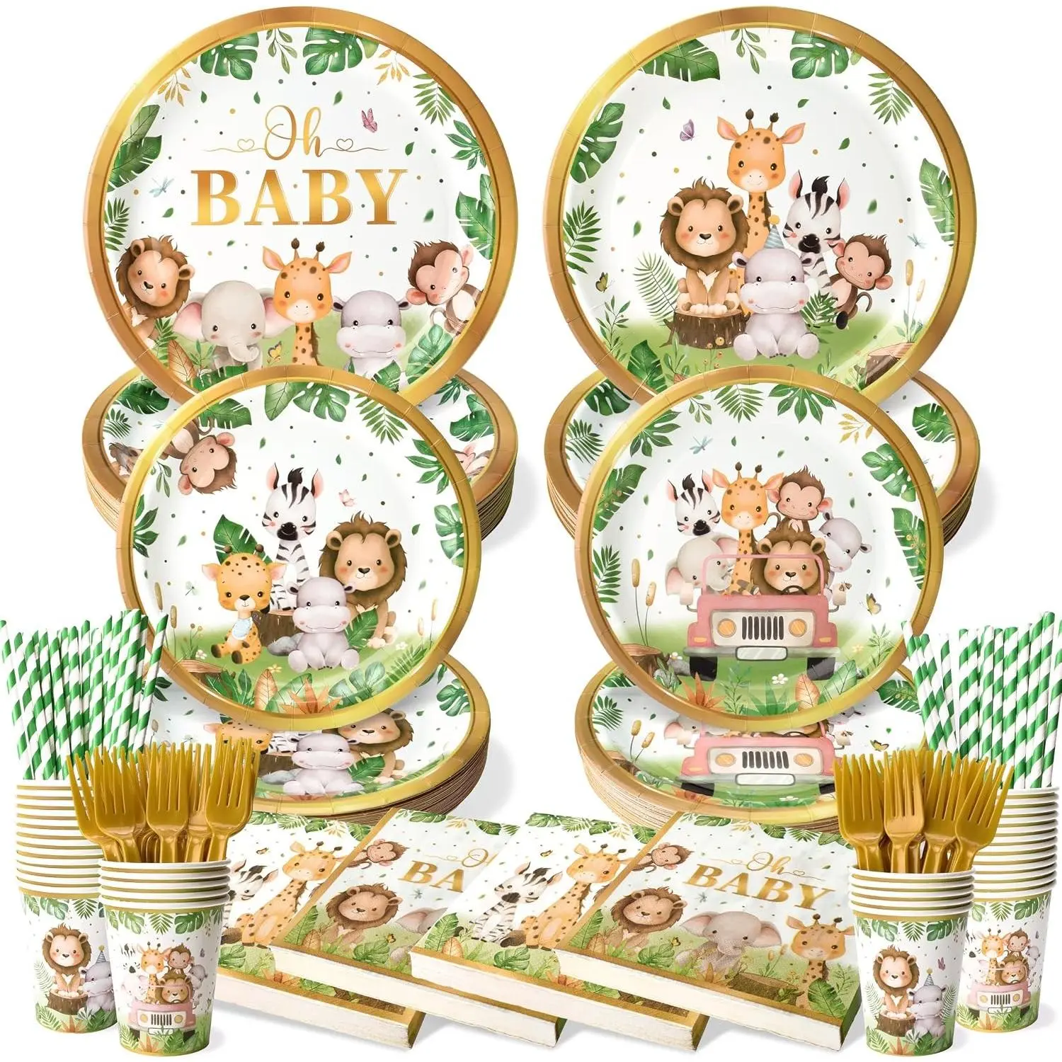300 Pcs Safari Baby Shower Plates Napkins Sets Serves 50 Guests Includes Cups Straws Forks Jungle Safari Baby Shower Party Supplies Decorations