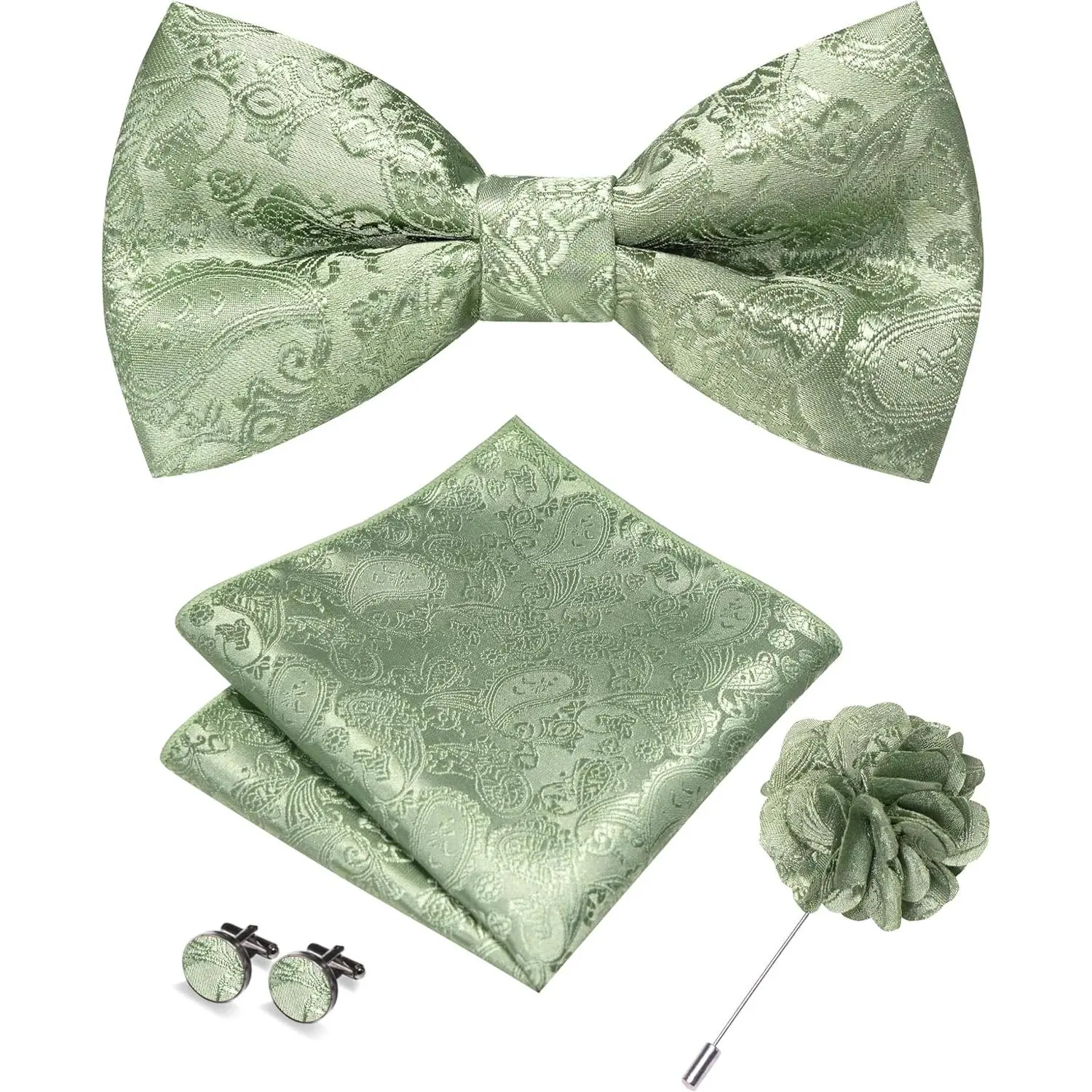Paisley Pre-tied Bow Tie and Pocket Square Cufflinks Lapel Pin Sets for Men 4PCS