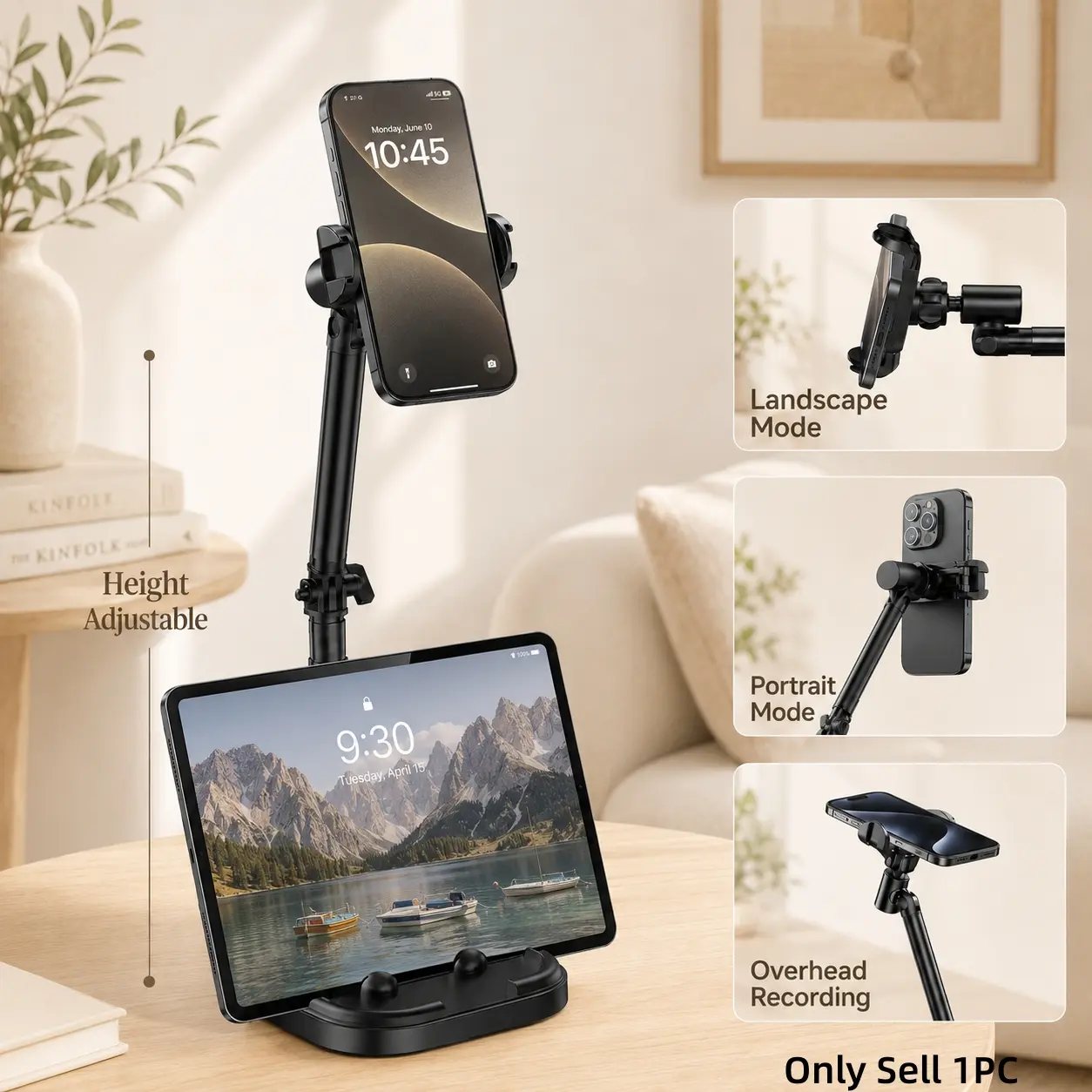 Phone & Tablet Stand for Desk, Height Adjustable Overhead Phone Holder with 360° Rotating Clamp and Weighted Base for Video Calls, Watching, Recording and Live Streaming