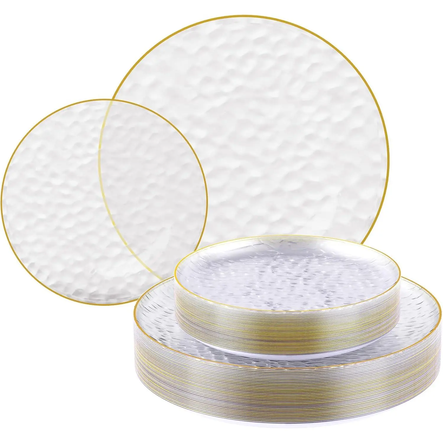 60Pcs Clear Plastic Plates, Clear Disposable Plates with Gold Rim, 30 7" Salad Dessert Plate and 30 10" Dinner Plate Heavy-duty Hammered Plates for Party, Wedding