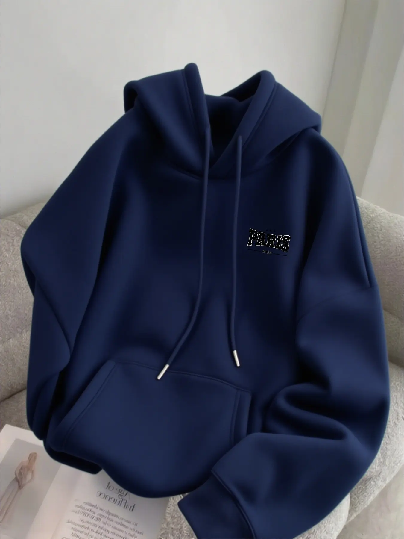 Men's Fleece Lined Hoodie with Paris Logo, Casual Loose Fit Sweatshirt, Geometric Pattern, All Seasons, Comfortable Daily Wear