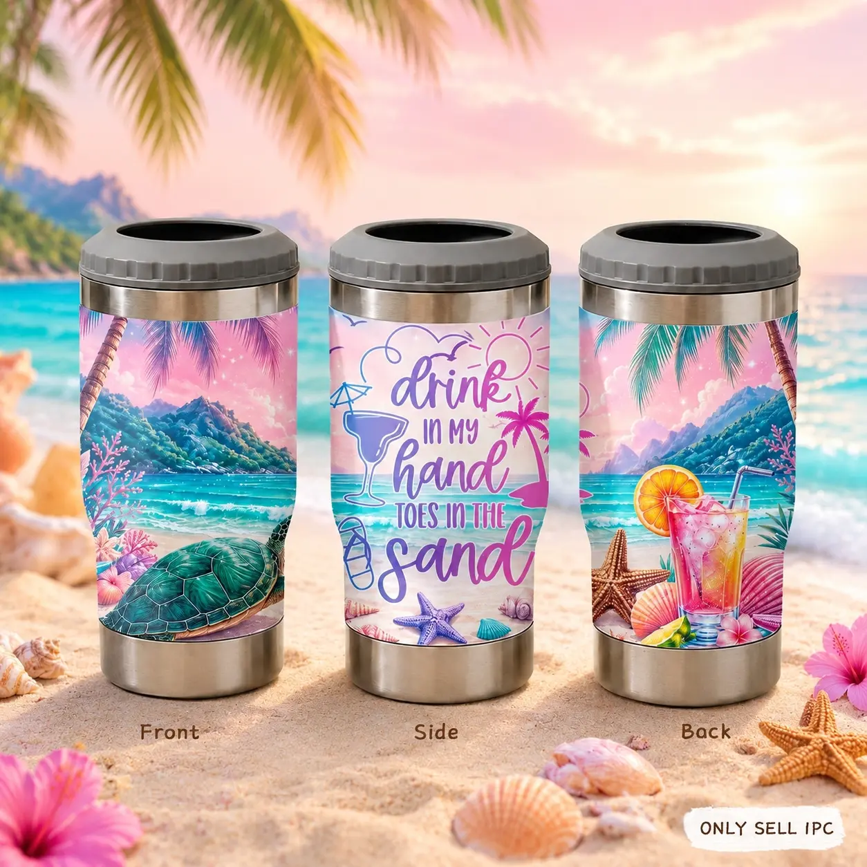 Beach Vibes Drink in My Hand 4-in-1 Cooler – Stainless Steel Insulated Can Holder Tumbler for Beer, Soda, Summer Beach Days, Camping, BBQ, Travel, Fun Holiday Gift