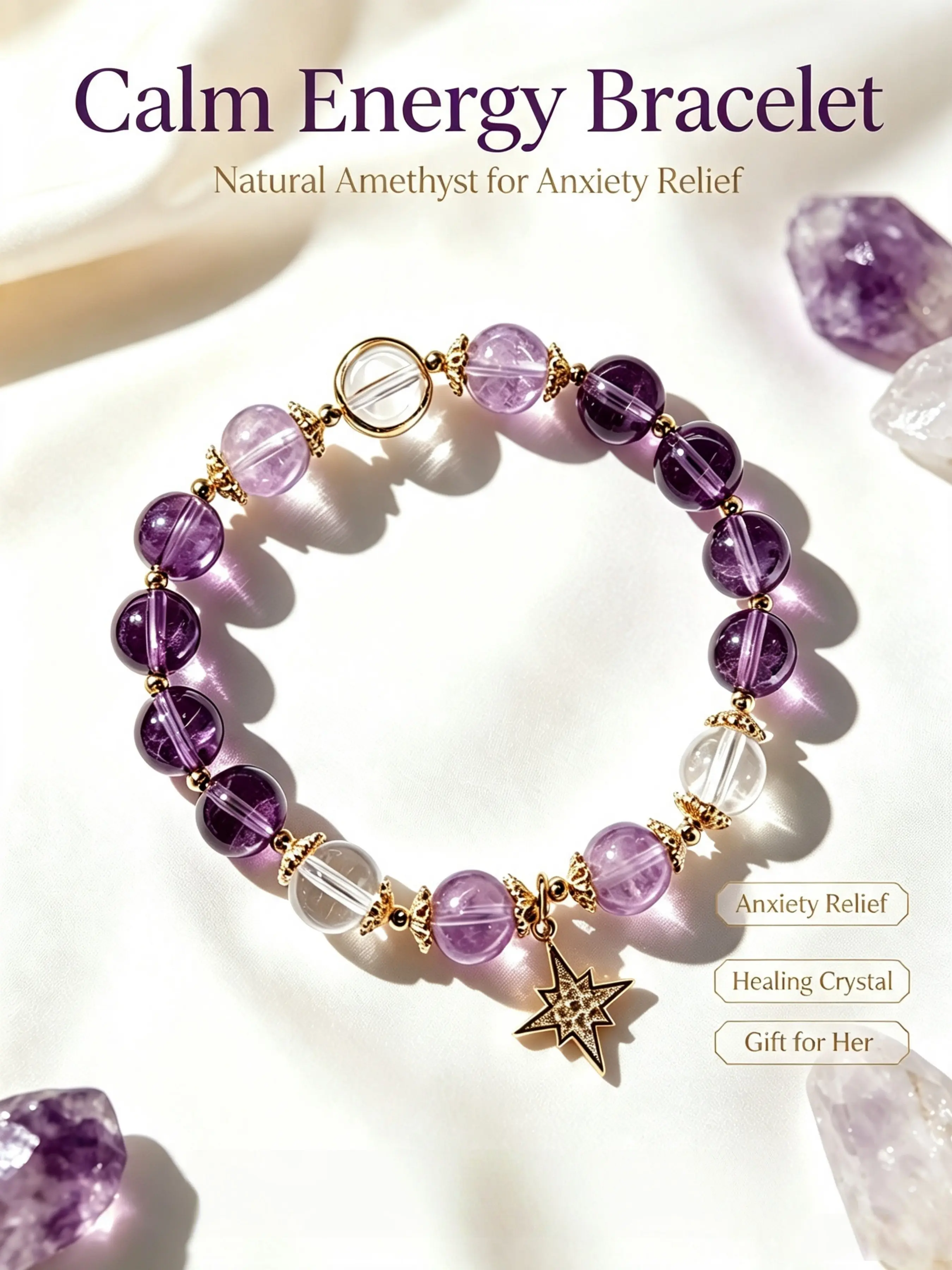 Natural Amethyst Bracelet for Women, Elegant Daily Luxury Jewelry, Yoga Meditation, Gift, Stress Relief, Sleep Aid, Focus Booster