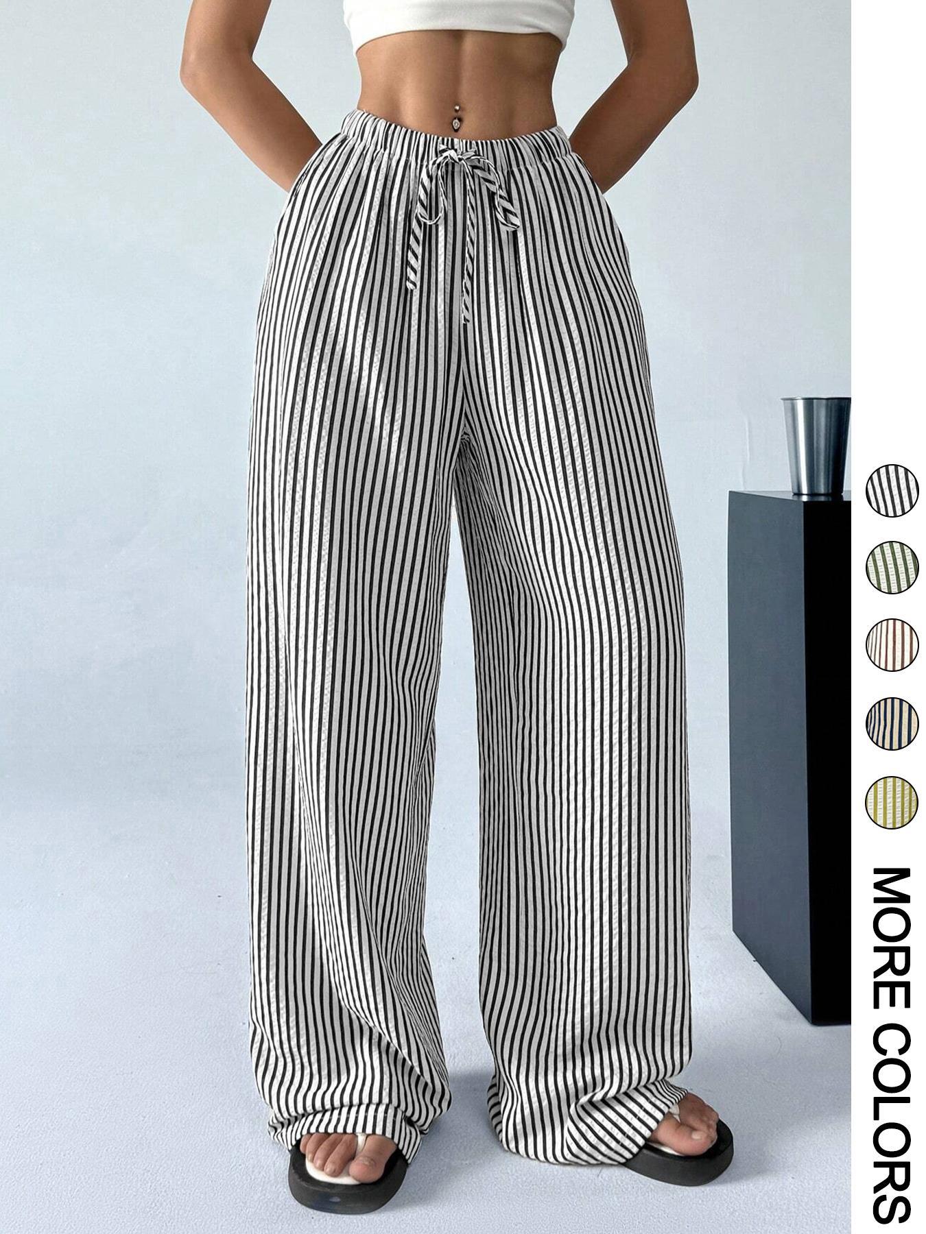 Women's Striped Print Drawstring Waist Pants, Casual Comfy Wide Leg Trousers for Daily Wear, Ladies Bottoms for All Seasons