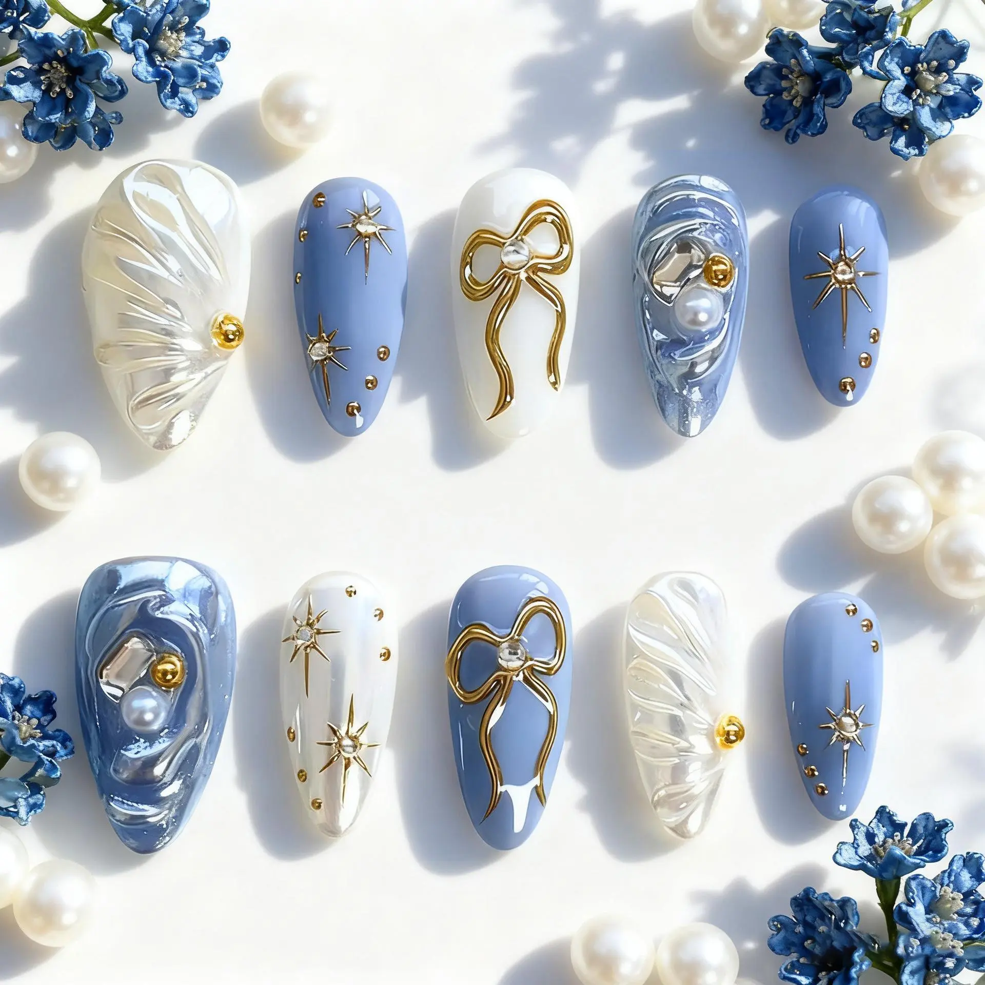 Handmade Press On Nails, Gold Glitter Almond Acrylics with 3D Star & Bow Rhinestones, 24 Pcs Reusable Full Cover Set for Women, Acrylic Press On Nails, Nail Extension