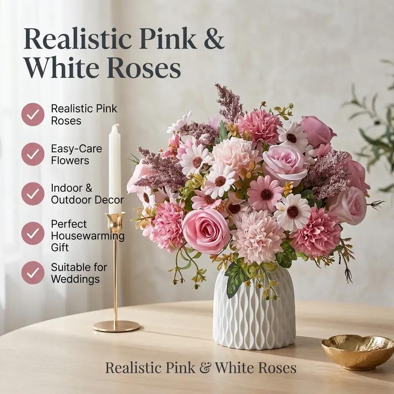3-Stalk Artificial Rose Bouquet by AVTCLDY - Realistic pink and white roses with greenery, easy-care artificial flowers, Fake Flower, suitable for weddings, Halloween, anniversaries - All-season indoor and outdoor decoration - Perfect housewarming gift