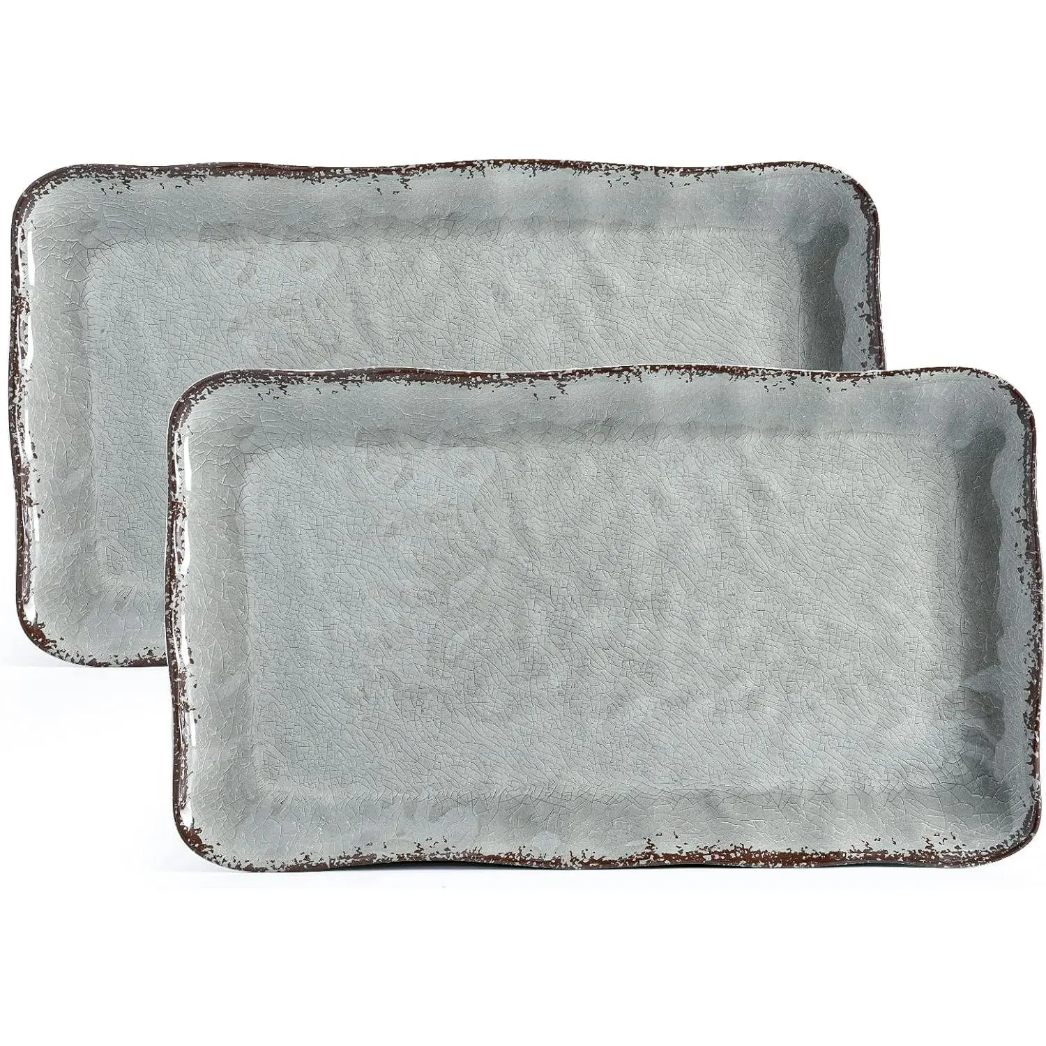 Melamine Crackled Rustic Serving Platter Set of 2,  Large Rectangle Trays for , Entertaining and Party Use, 17.5"x 10", Grey