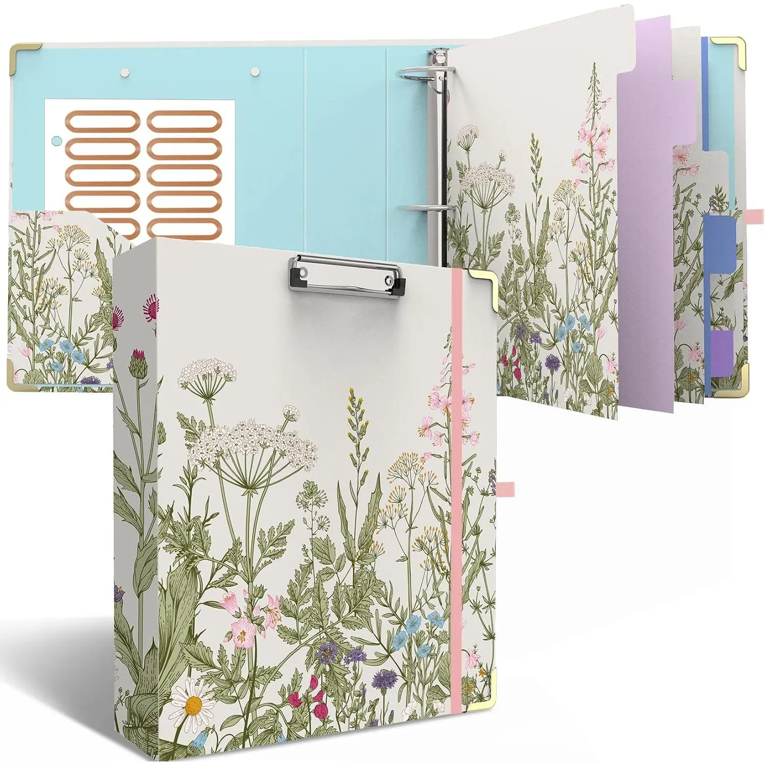 3 Ring Binder 2 Inch, Cute Round Ring Binders with 6 Tab Dividers, Labels Stickers, Low Profile Clipboard with Storage, Fashion Binder School Office Supplies(Garden )