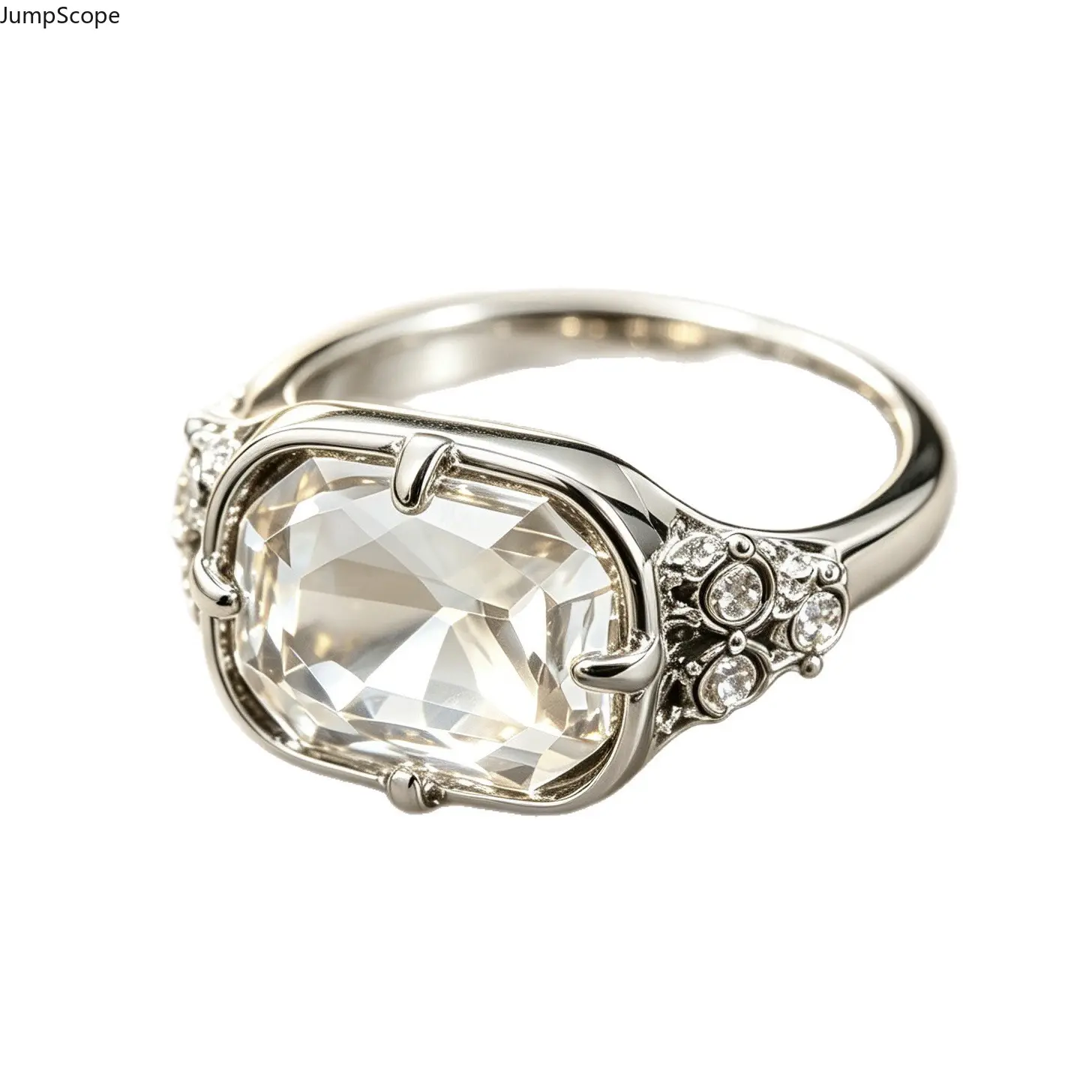 White Gold Plated Large Emerald Cut Rectangle Clear CZ Ring For Women, Symmetrical Floral Milgrain Pave Vintage Minimal Retro Wide Stackable Engagement Statement Band For Proposal Anniversary Formal Wear