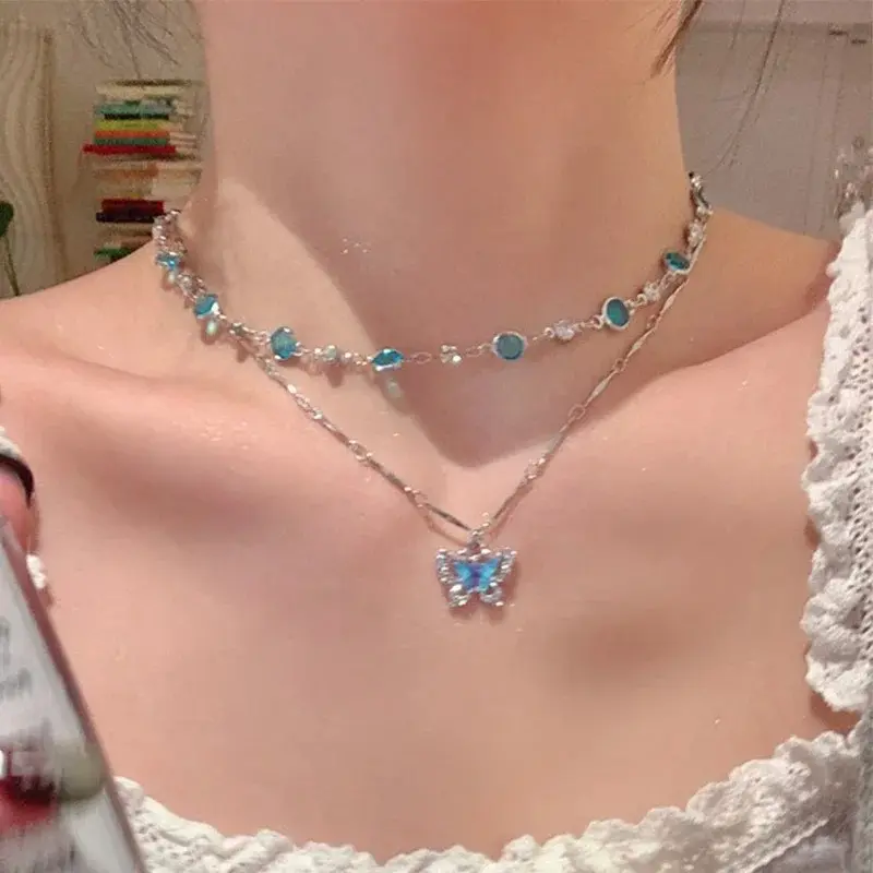 Blue Crystal Butterfly Layered Necklace for Women, Dainty Cubic Zirconia Pendant Necklace, Coquette Y2K Aesthetic Jewelry, Elegant Gift for Birthday, Valentine's Day and Everyday Wear