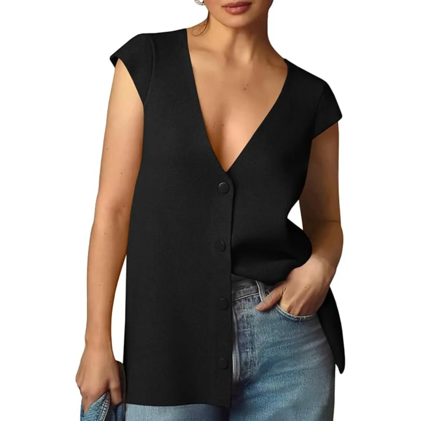 Saodimallsu Women's Solid 78% Viscose Knit Sweater Vest, Deep V-Neck Button-Up Loose-Fit Summer Top, Clothes for Women, Women's Clothes sohochic