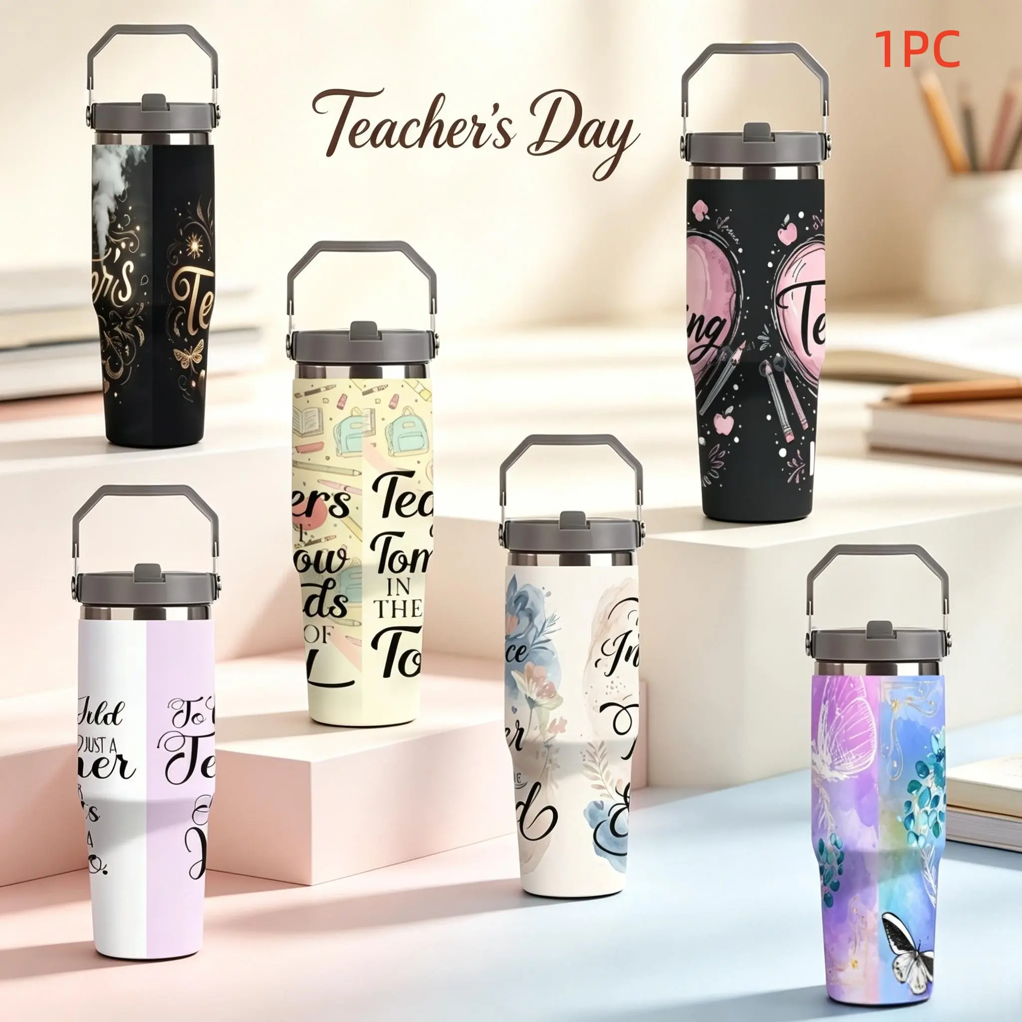 1pc 30oz Teacher's Day Themed Stainless Steel Tumbler With Handle, Inspirational Quote & Floral Butterfly Print Insulated Travel Cup, Perfect Appreciation Gift for Teachers, Suitable for Office, School, Outdoor & Daily Use