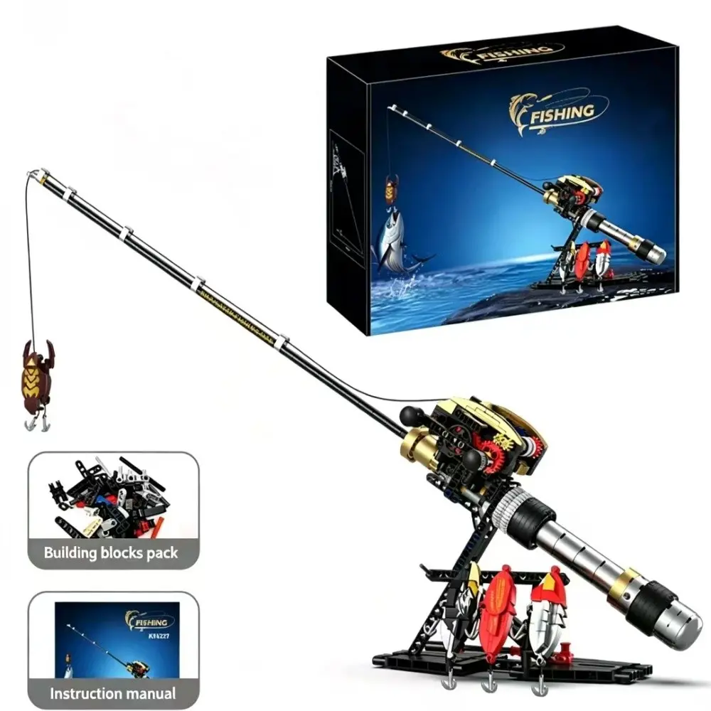 425Pcs MOC Sea Fishing Rod Building Kit, Realistic Baitcasting Reel Fish Pole Model with Stand & Lures, Creative Desktop Decoration Toy Gift for Boys Men, Assembly Building Blocks