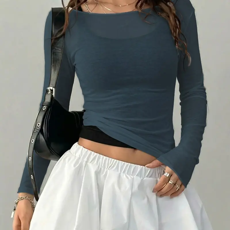 Women's Y2K Sheer Boat Neck Long Sleeve Layering Top Lightweight Stretch Slim Fit Aesthetic Vibe Blouse for Date Night, Lounge & Party