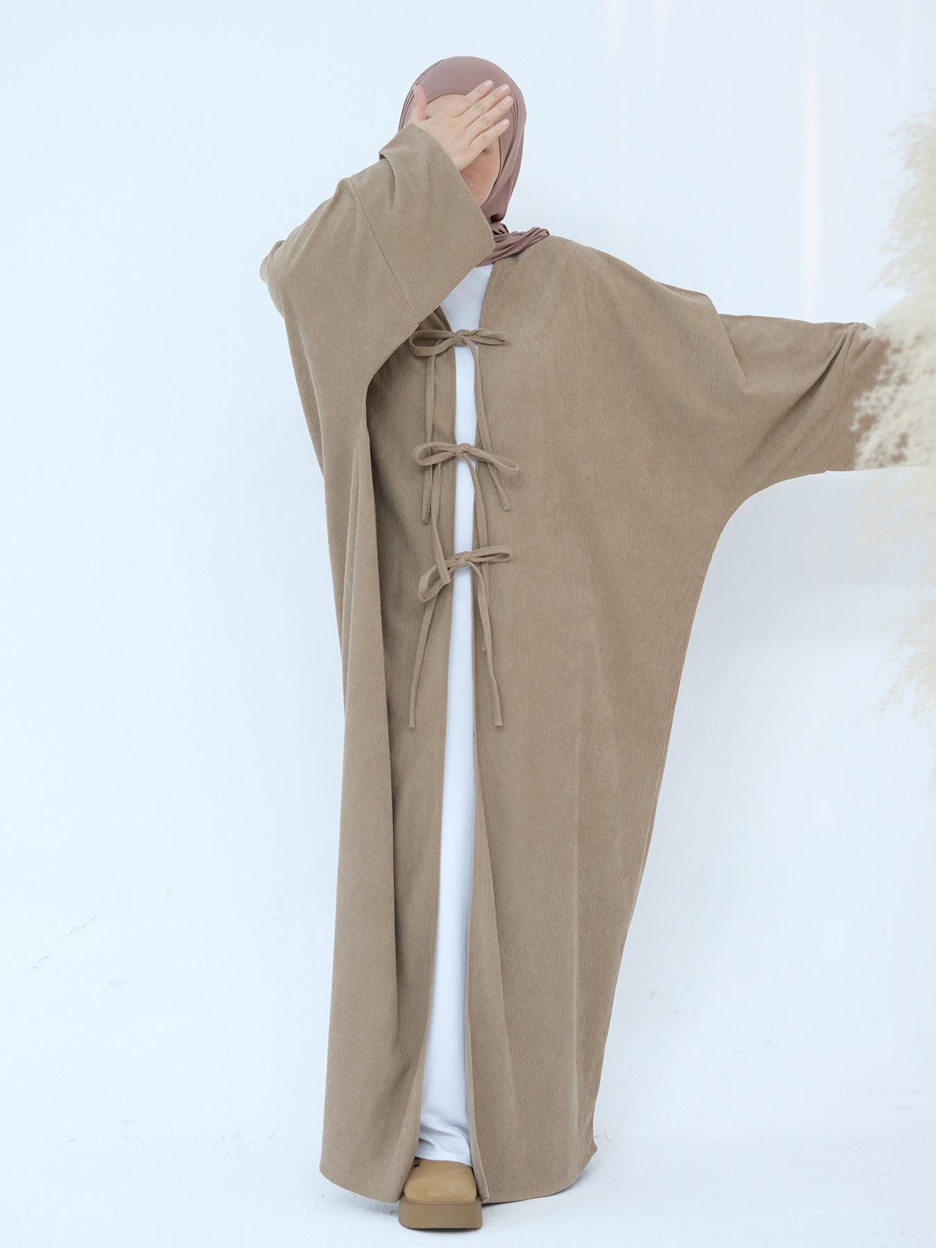 Women's Solid Color Tie Front Batwing Sleeve Abaya, Casual Long Sleeve Thickened Outerwear for Fall & Winter, Women's Islamic Clothing for Daily Wear
