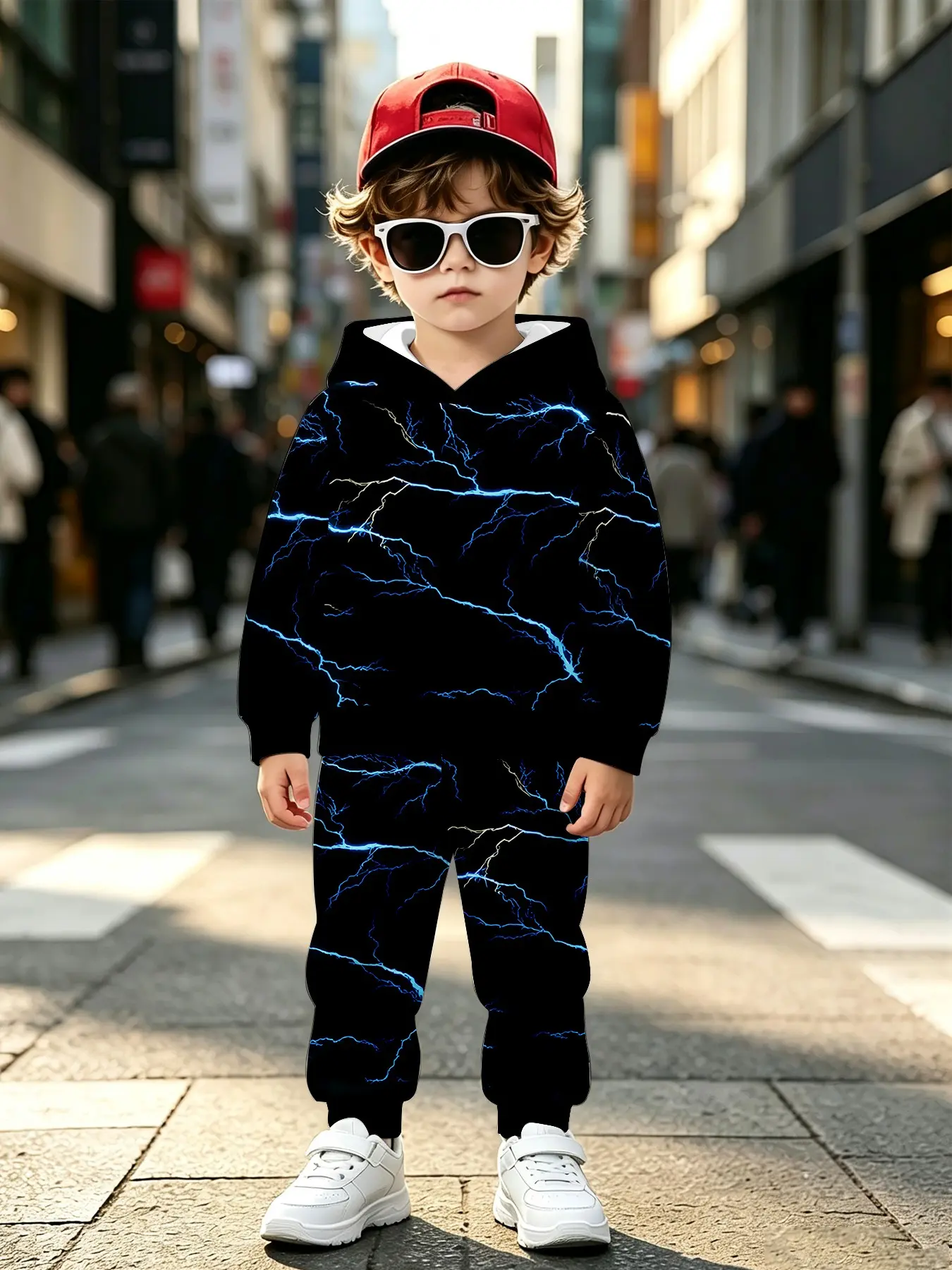 Neon Lightning Full Print Kids Hoodie Set, Cool Two-Piece, Long Sleeve Loose-Fit Sweapants, Fall & Winter Casual Wear