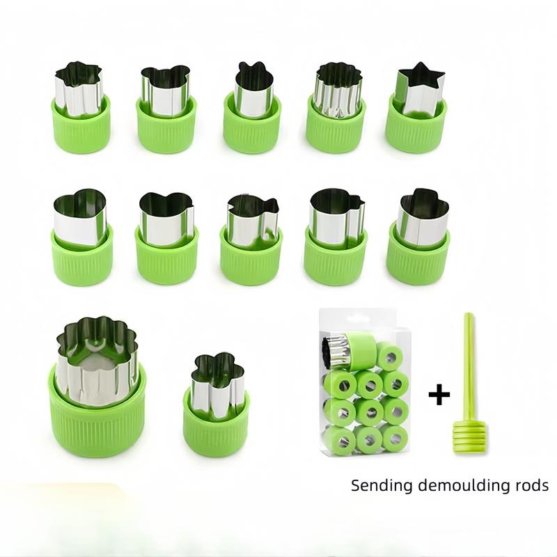 Fruit & Vegetable Cutter, 12pcs/set Stainless Steel Cookie Cutter with 1 Count Demoulding Rod, Household Kitchen Mold Set, Kitchen Baking Tool for Home Use
