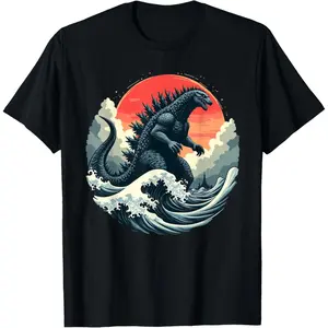 Round Circular Framed Ukiyo-E Great Crashing Wave Red Orange Gradient Sunset Godzilla Kaiju Oriental Pagoda Japanese Woodblock Print Graphic T-Shirt For Men Women Crewneck Short Sleeve Oversized Retro Pop Culture Comic Con Beach Streetwear Tops Big Tall P