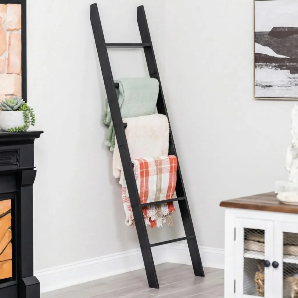 6-Tier 5ft 8inch Black Rustic Farmhouse Blanket Ladder, Wall Leaning Snag Free Laminate Blanket Holder Quilt Rack Shelf for Living Room Bedroom Decor, Easy Assembly