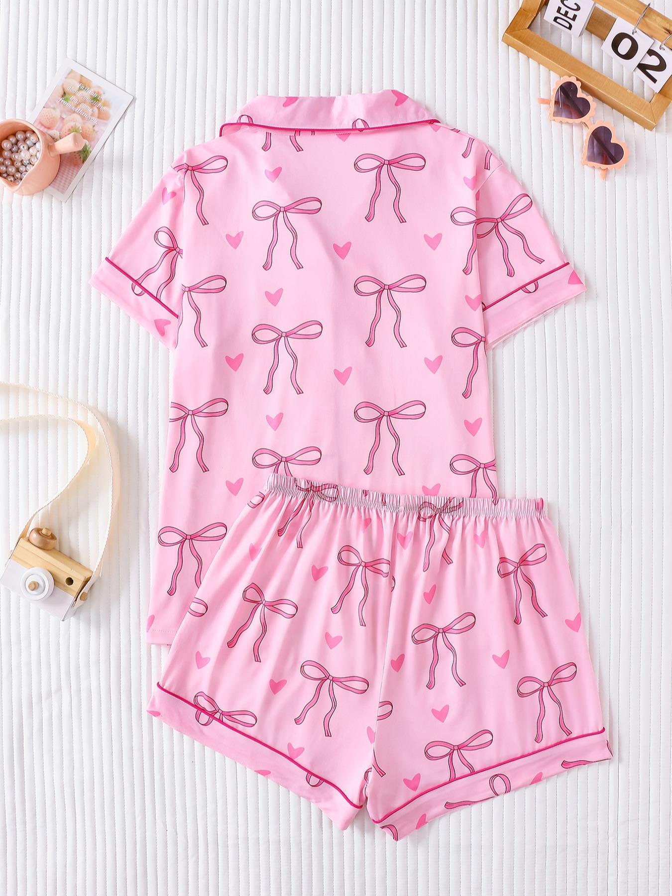 Women's Bow Print Short Sleeve Tee & Shorts Pyjama Set, Comfy Button Up Top & Elastic Waist Shorts Set, Ladies Sleepwear for All Seasons, Lightweight Loungewear, Sleepwear Pajamas Set, Matching Pj Set, Summer Sleepwear