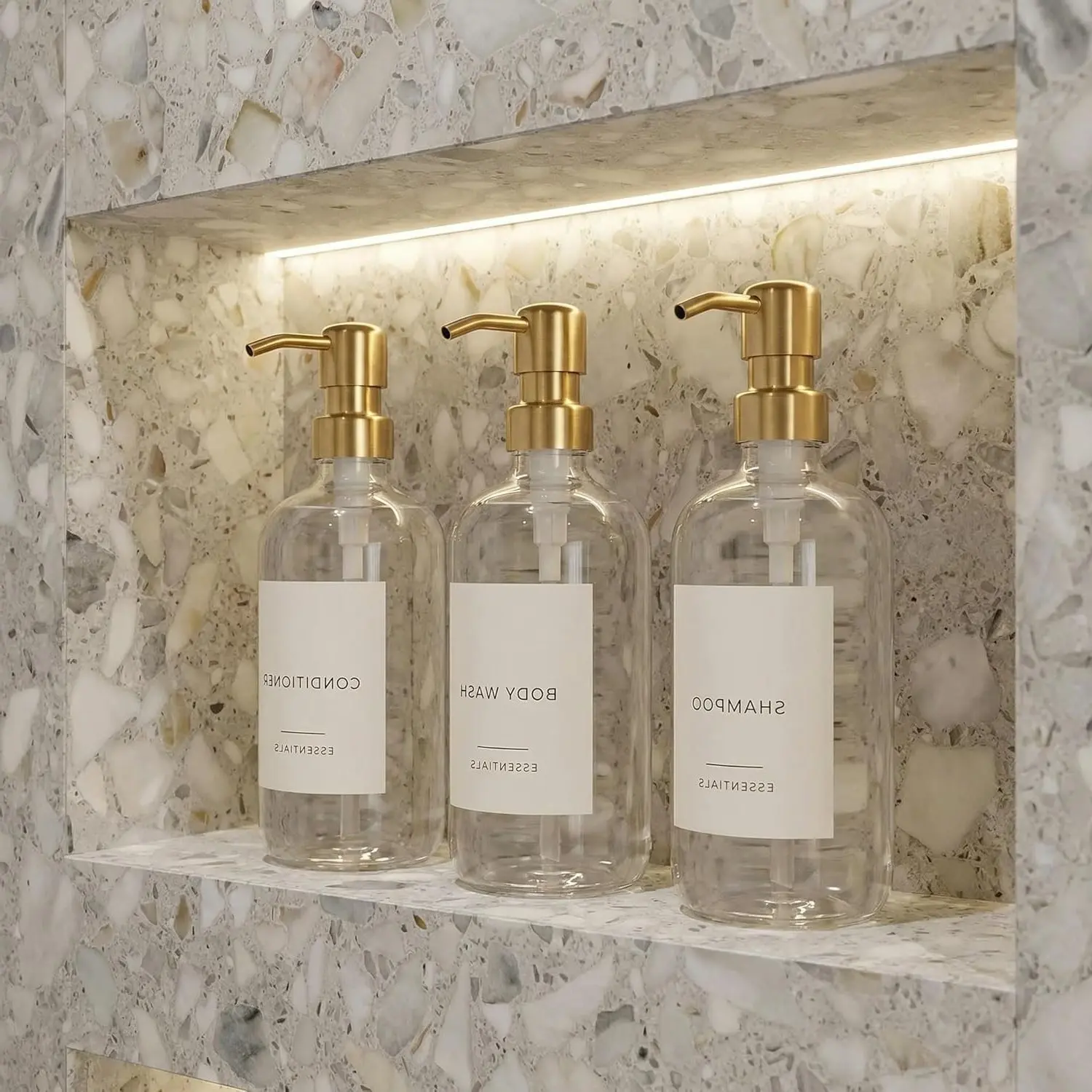 Set of 3 Clear 21oz Shampoo & Conditioner Dispensers with Labels – Refillable Modern Shower Soap & Body Wash Bottles for Instant Bathroom Decor UpgradeGift