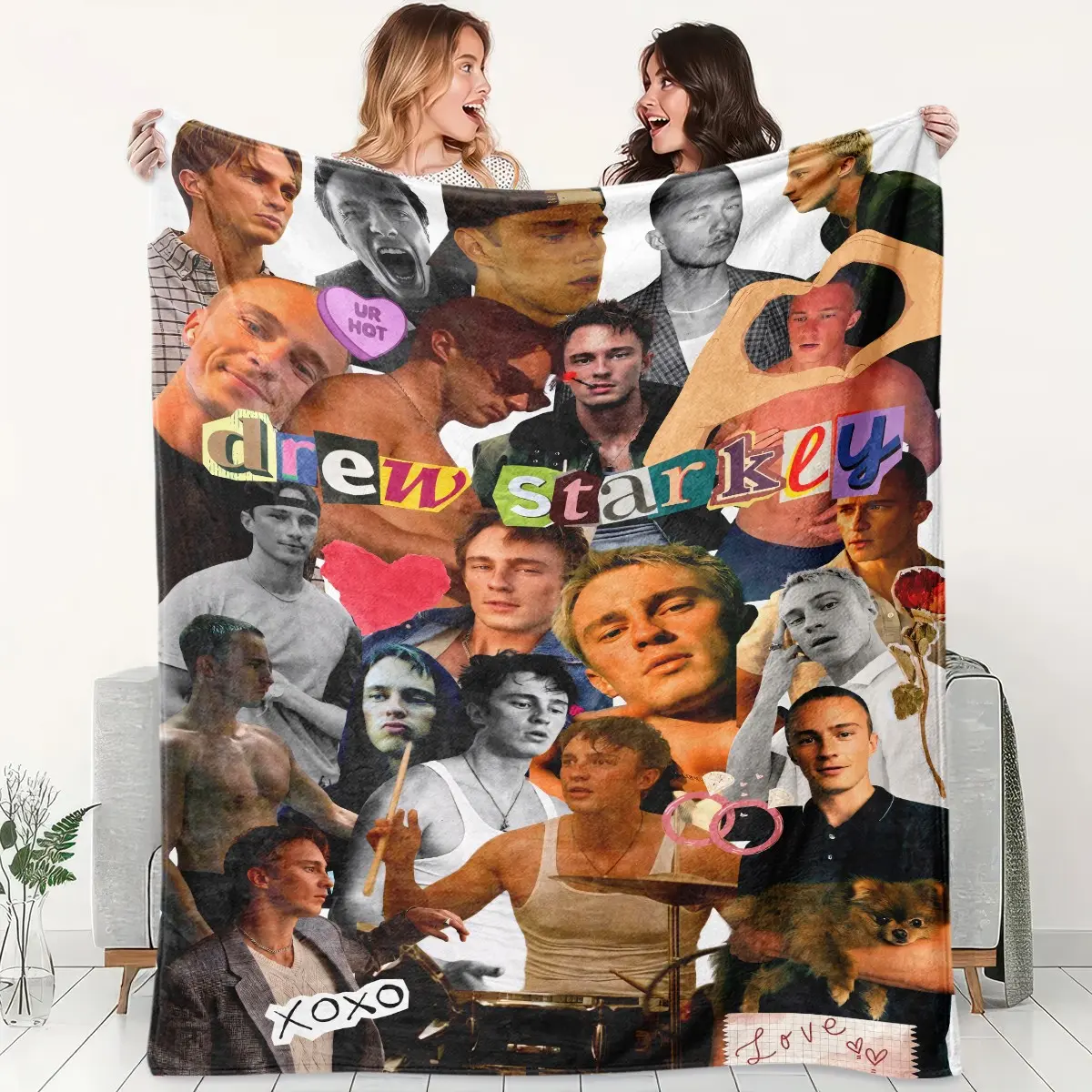 1pc Drew Starkey Collage Fleece Blanket, White Base Multi Portrait Heart Sticker Color Letter Scrapbook Print. Soft Warm Throw for Sofa, Bed, Office, Leisure Space, Camping Trip, Ideal Christmas & Birthday Gift.
