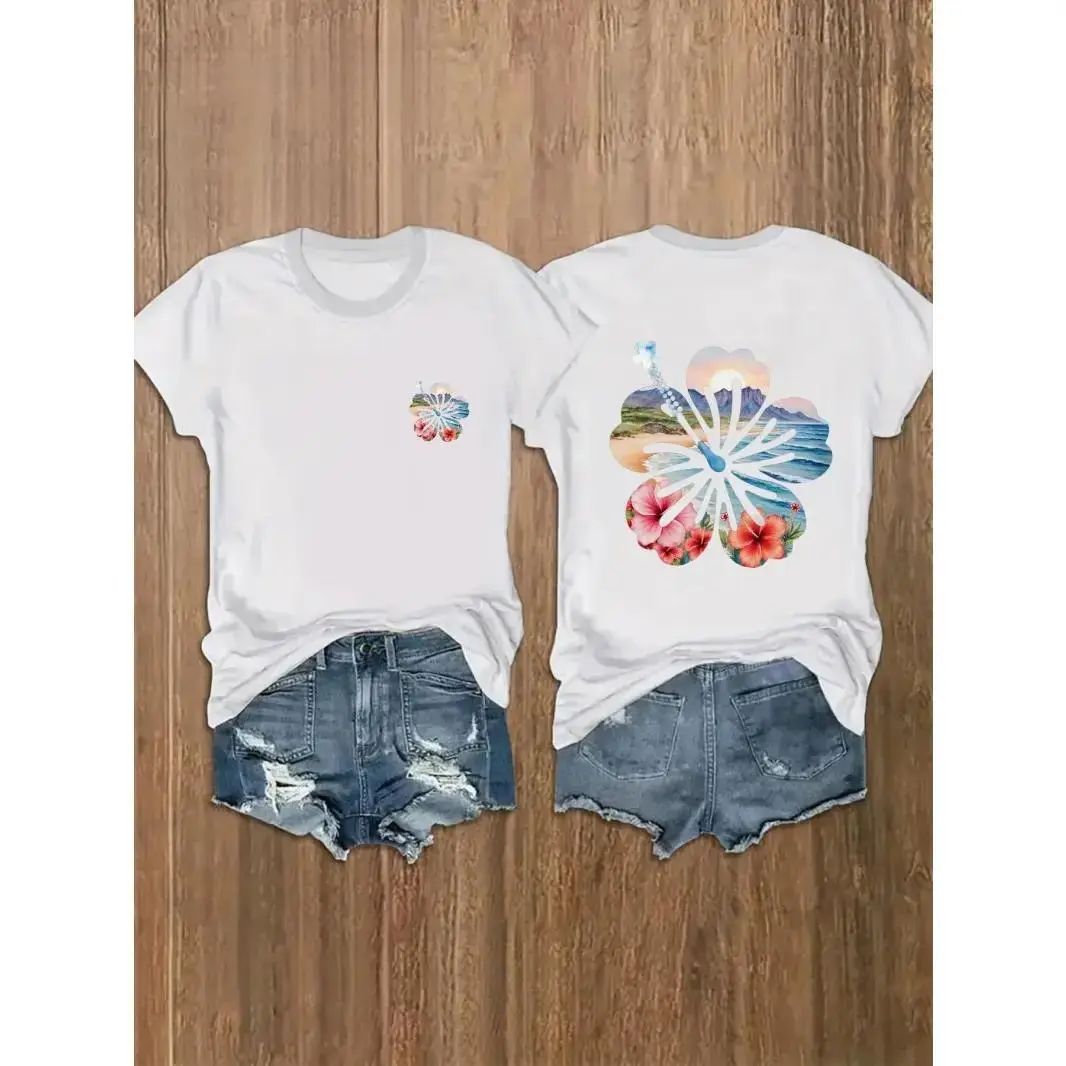 Womens Cotton Short Sleeve Graphic Tee Hibiscus Flower Beach Sunset Print Casual Summer Vacation Top Soft Breathable Lightweight Everyday Streetwear Outfit