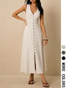 Women Linen Sleeveless Striped Vest Dress, Tie Back Waist Button Front Casual Boho Summer Y2K Vintage Country Concert Vacation Party Old Money Streetwear Outfit Bohemian Vintage Dress