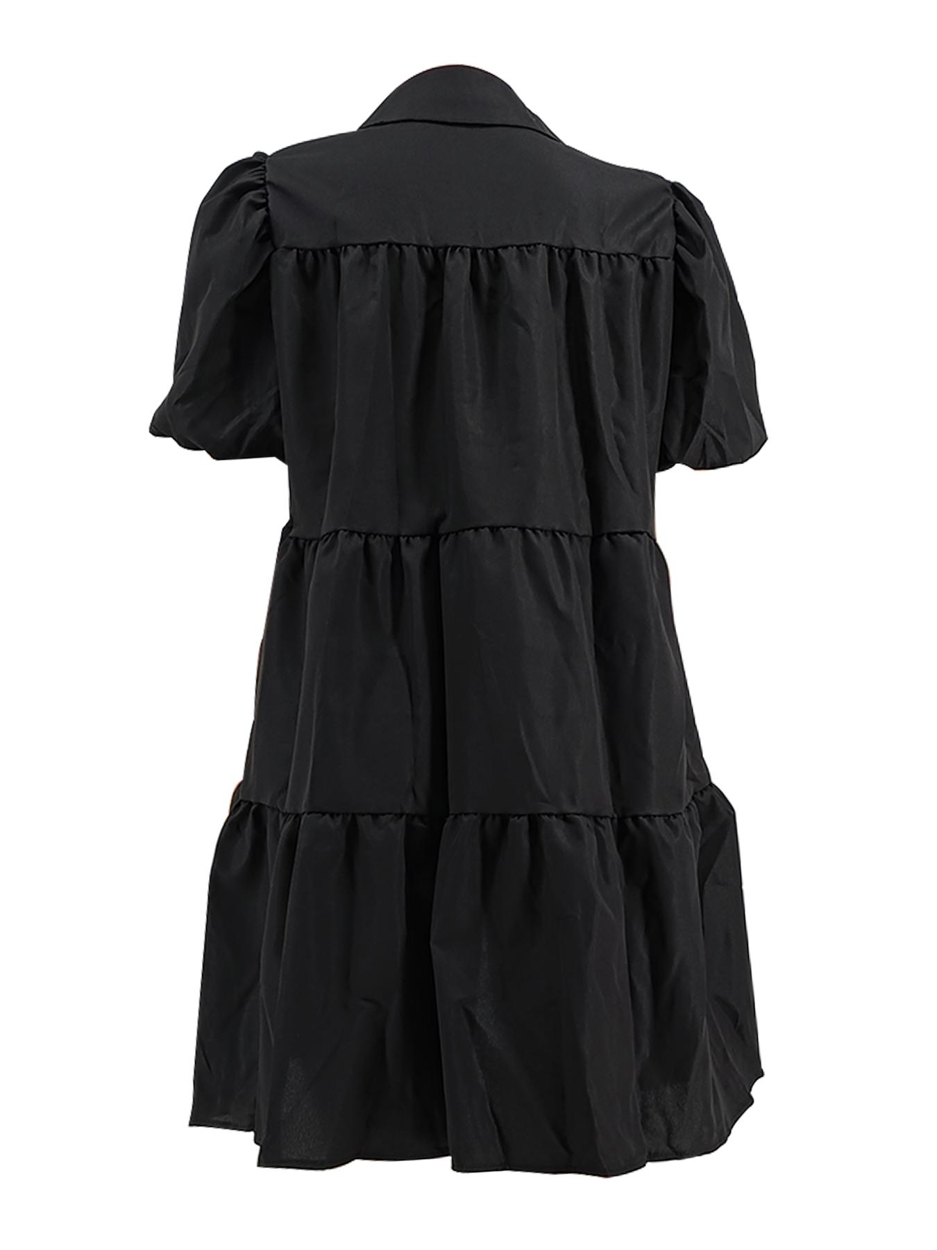 Women's Plain Ruffle Hem Button Front Smock Dress, Casual Puff Sleeve Collar Short Dress for Daily Wear, Ladies Clothes for All Seasons